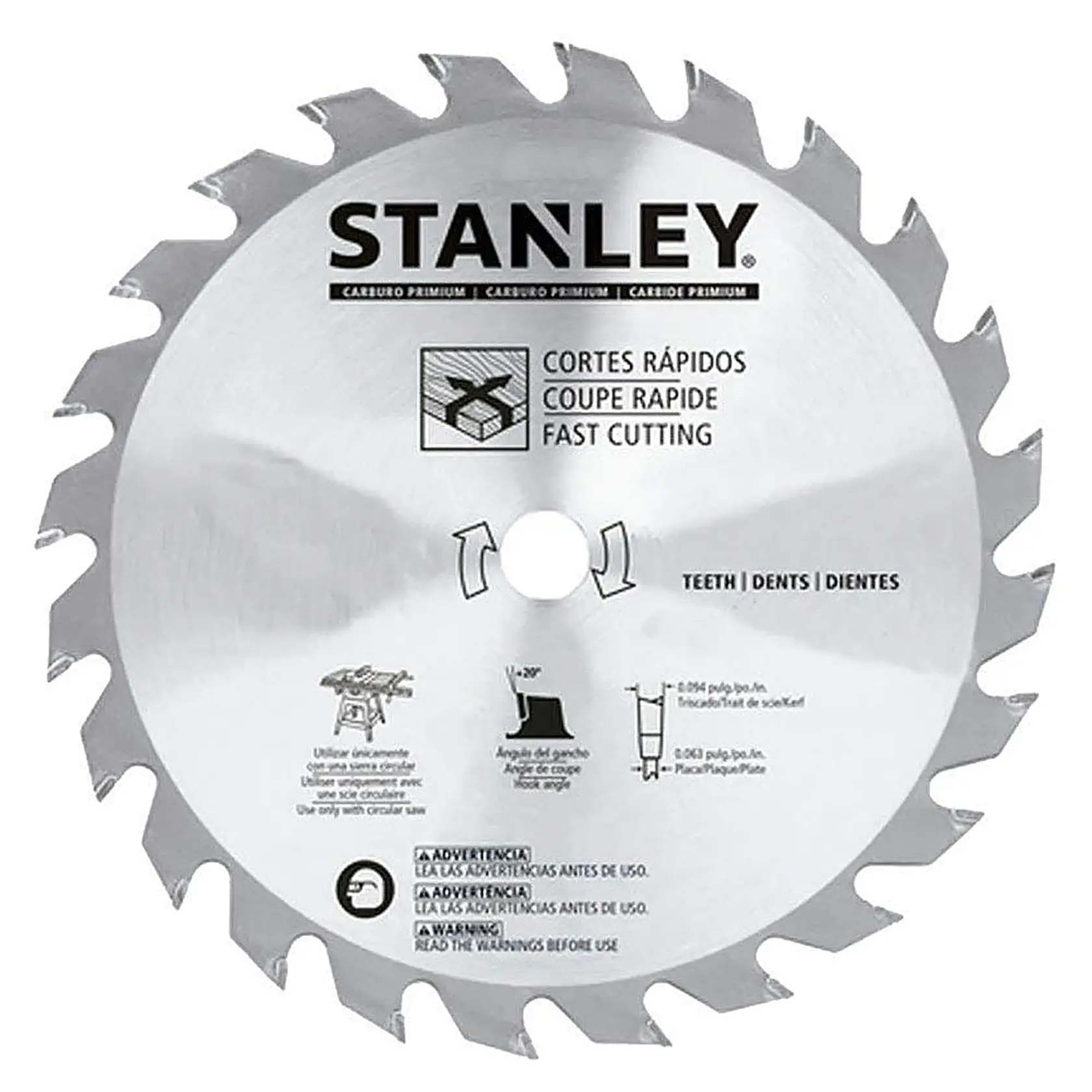 Fotografía de la hoja de sierra circular STANLEY STA7757 con dientes afilados, acabado plateado y etiqueta de corte rápido, vista frontal.