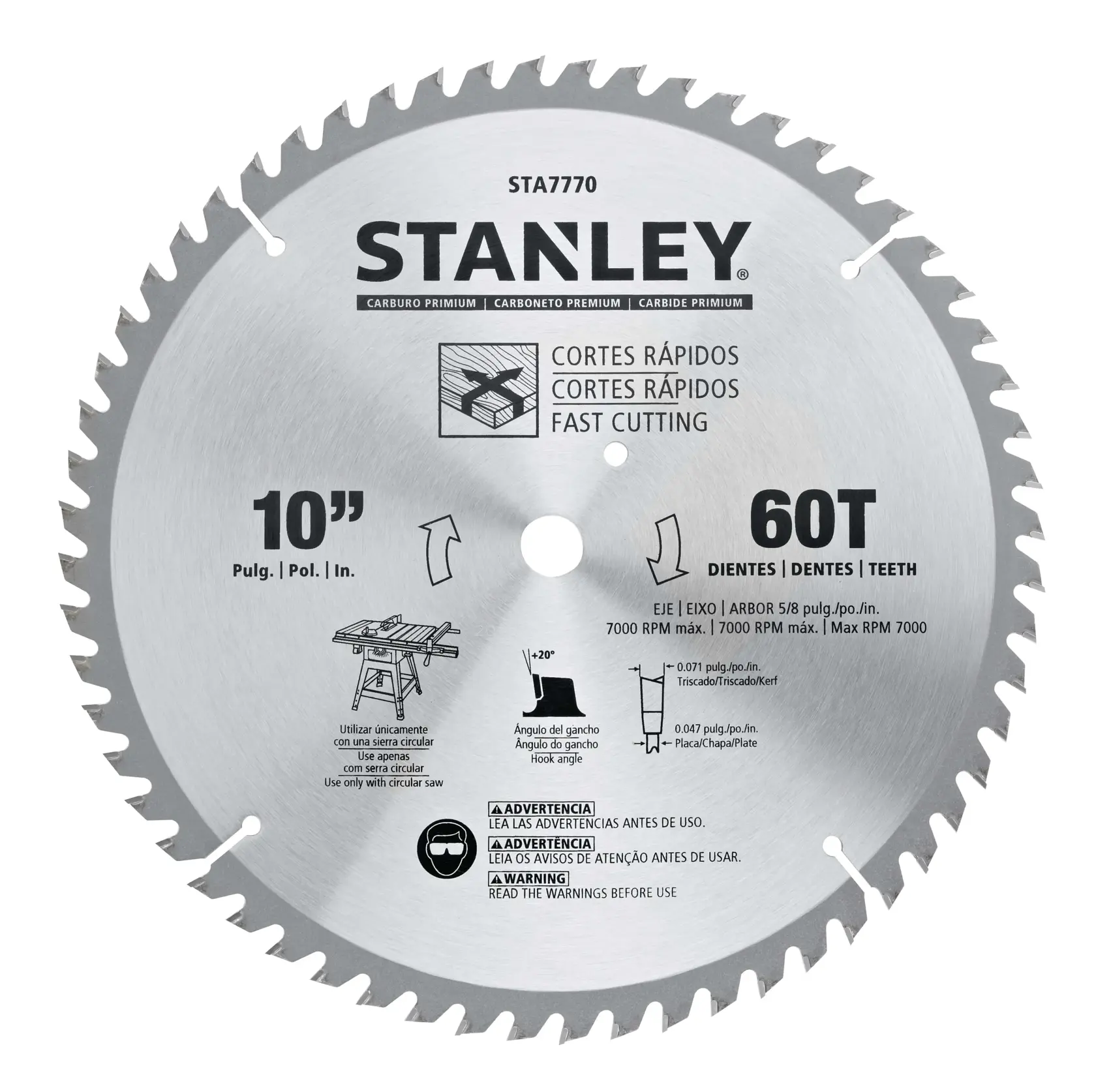 STANLEY STA7770 disco de sierra circular de carburo 10 pulgadas 60T, vista frontal, acabado plateado, iconos de seguridad y uso.