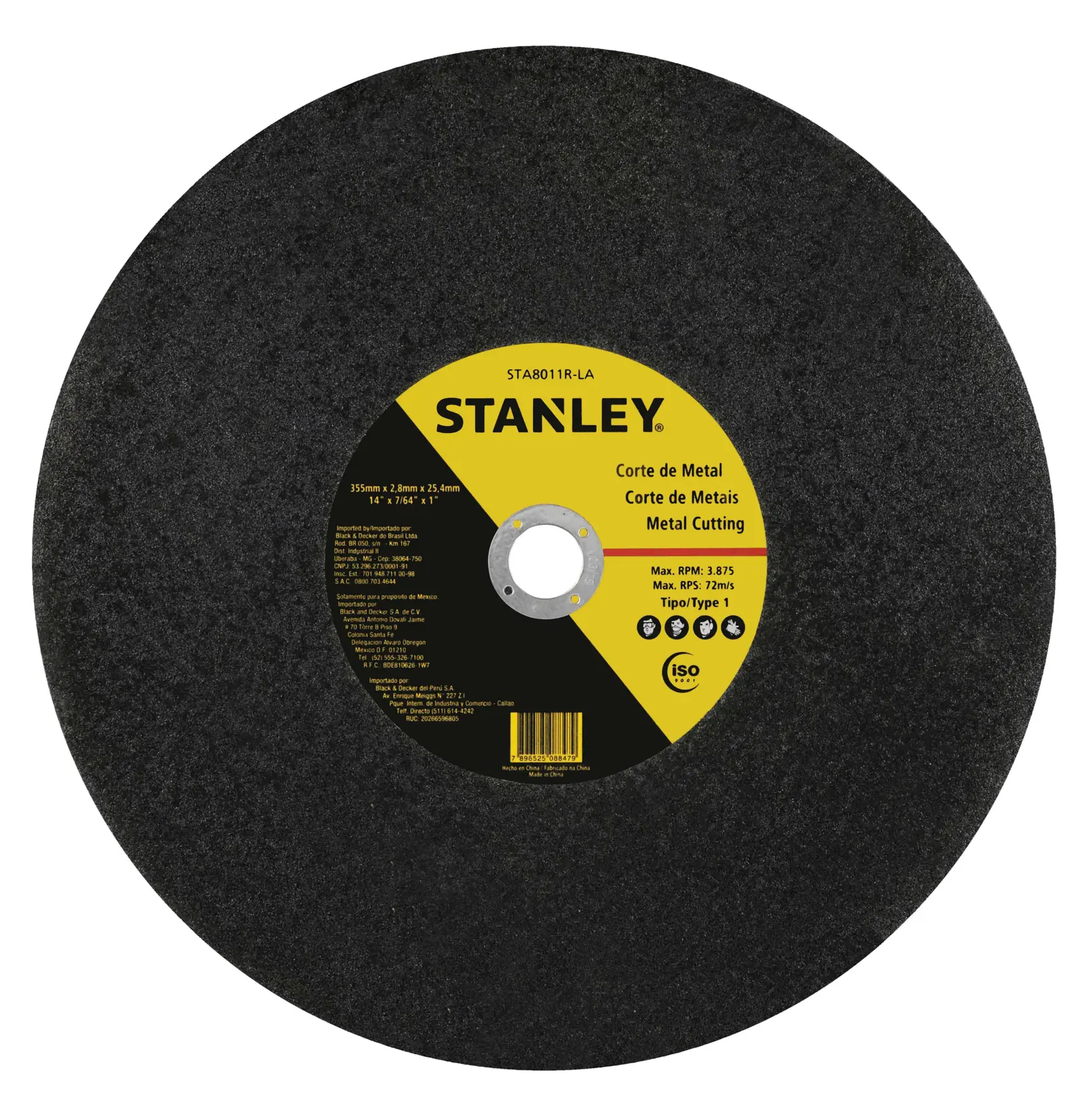 STANLEY STA8011R-LA disco de corte de metal negro con etiqueta amarilla y negra, ángulo frontal sobre fondo blanco.