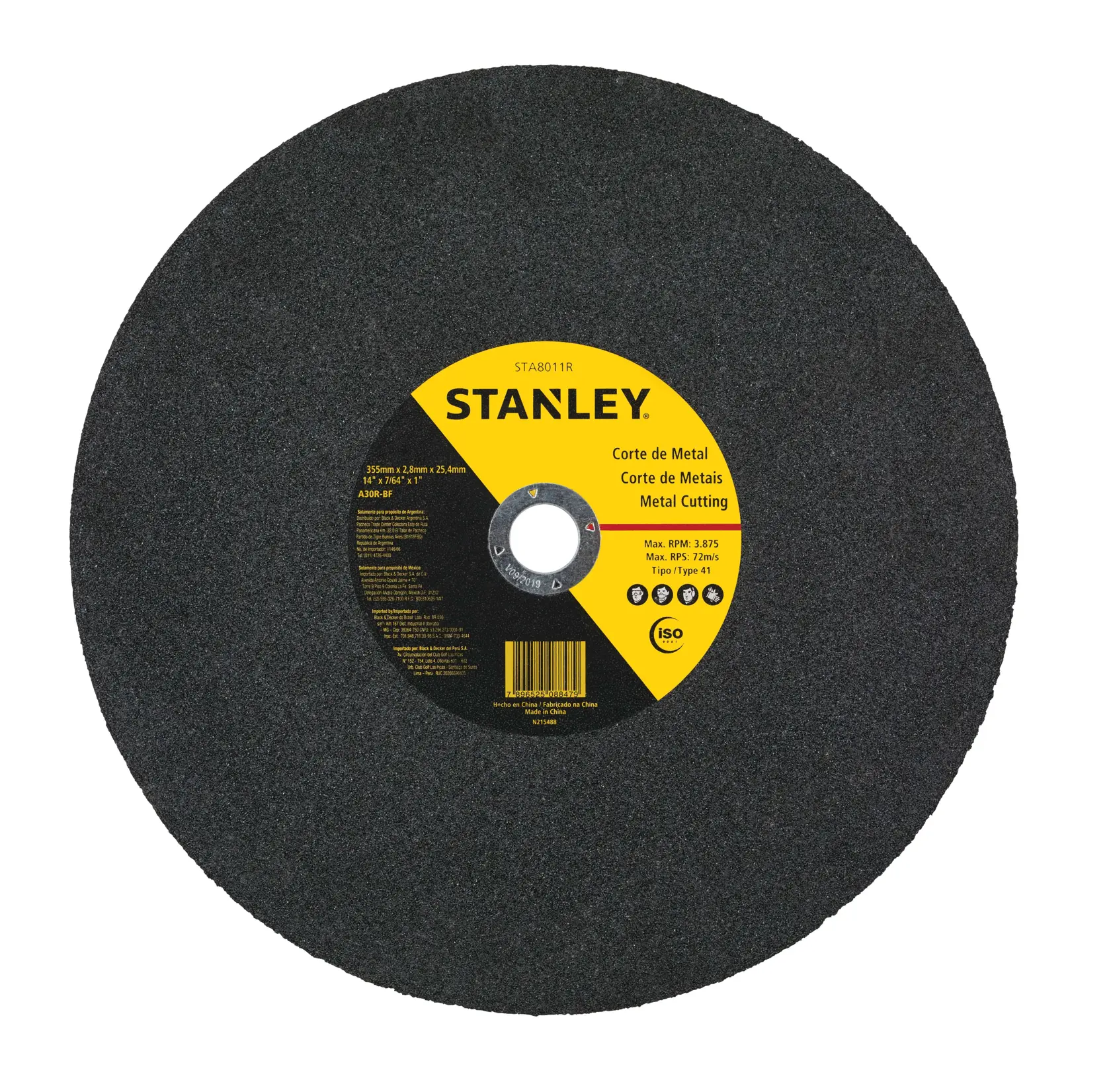 STANLEY STA8011R disco de corte de metal, negro con etiqueta amarilla central, vista frontal sobre fondo blanco.