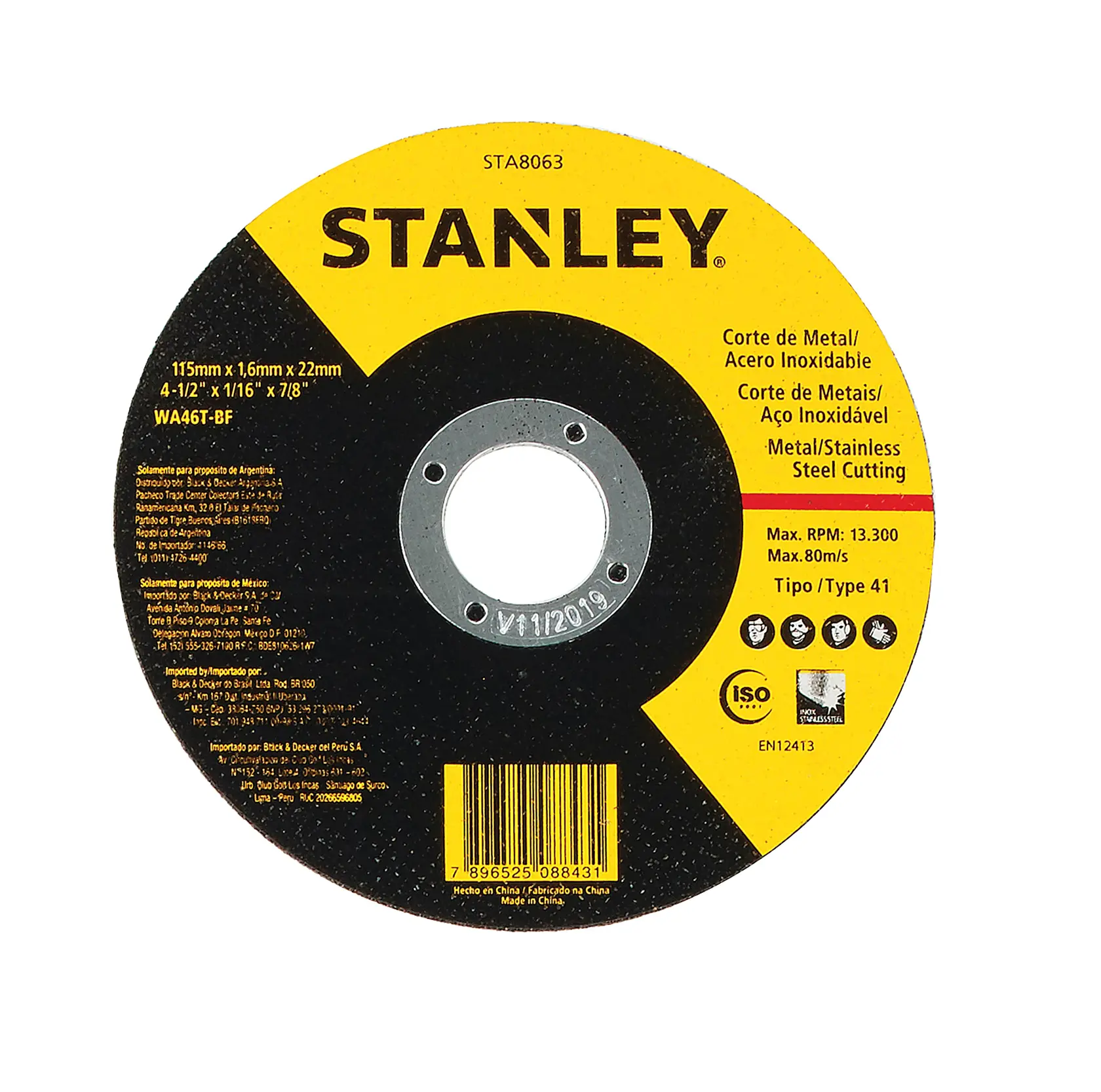 Fotografía de disco de corte para metal/acero inoxidable STANLEY STA8063, color amarillo y negro, vista superior, información visible.