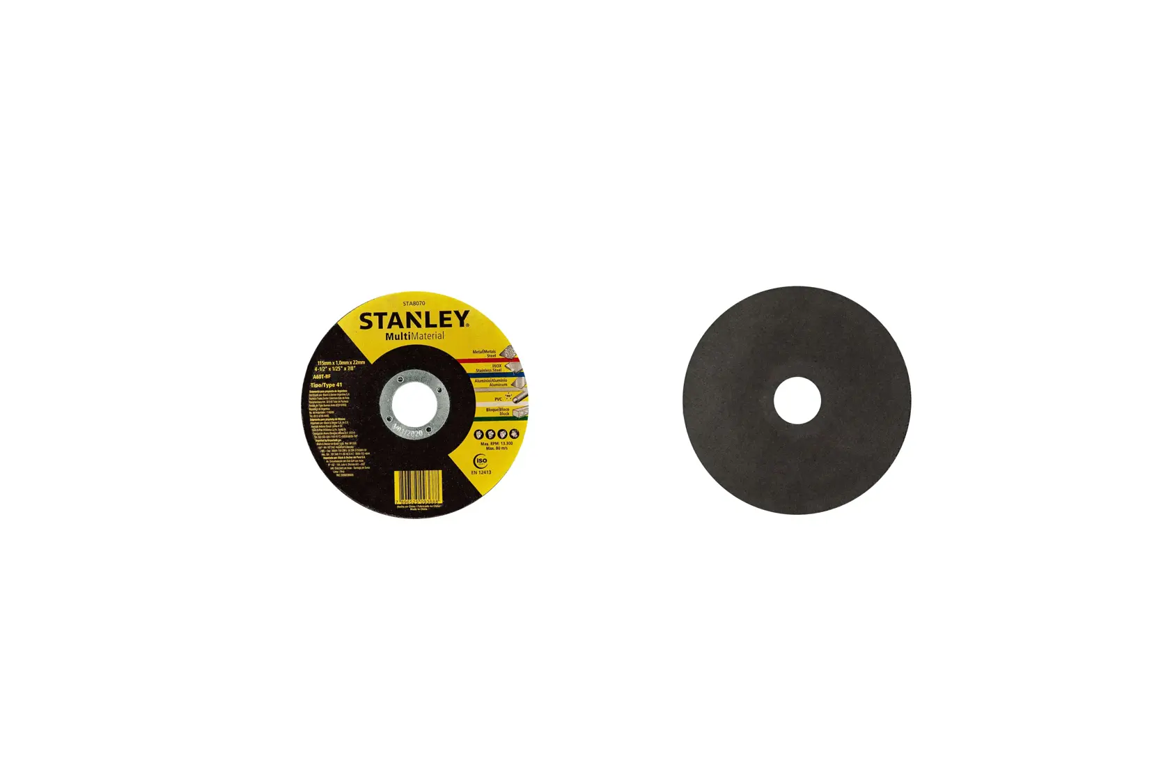 Fotografía del disco de esmerilado Stanley STA8070, vista frontal y trasera, etiqueta negra y amarilla, fondo blanco.