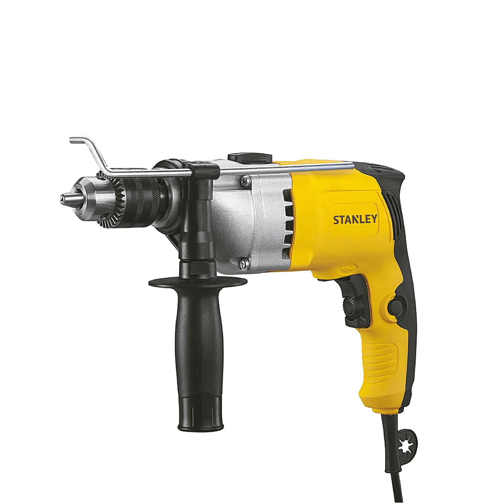 STANLEY STDH8013 taladro percutor amarillo y negro con cable, vista lateral, mango lateral y portabrocas metálico.