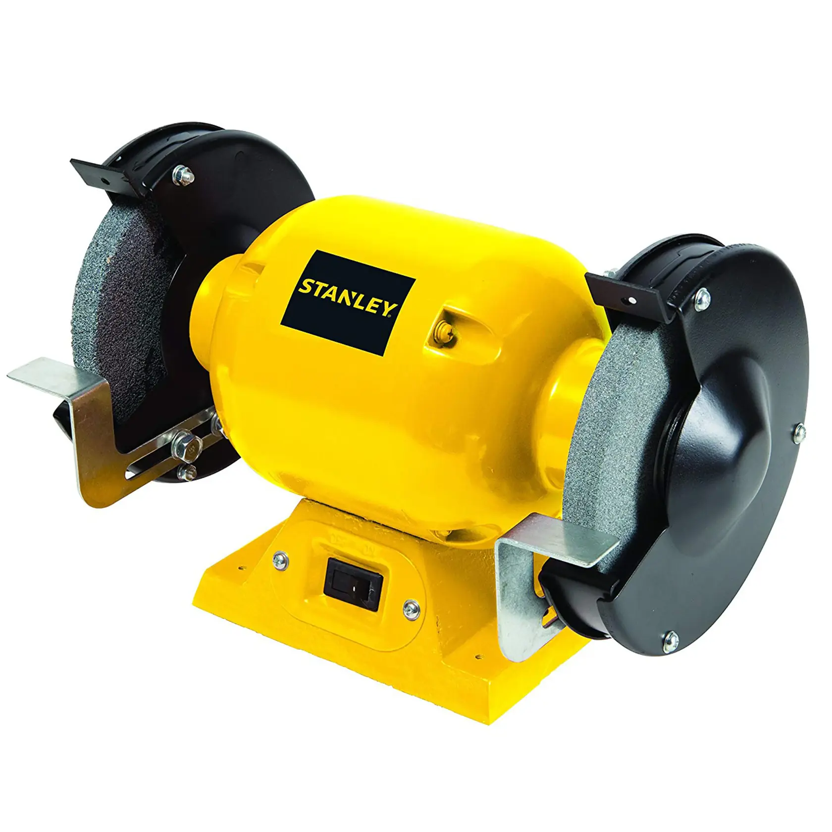Fotografía de STANLEY STGB3715 amoladora de banco, cuerpo amarillo, doble rueda, ángulo lateral, fondo blanco.