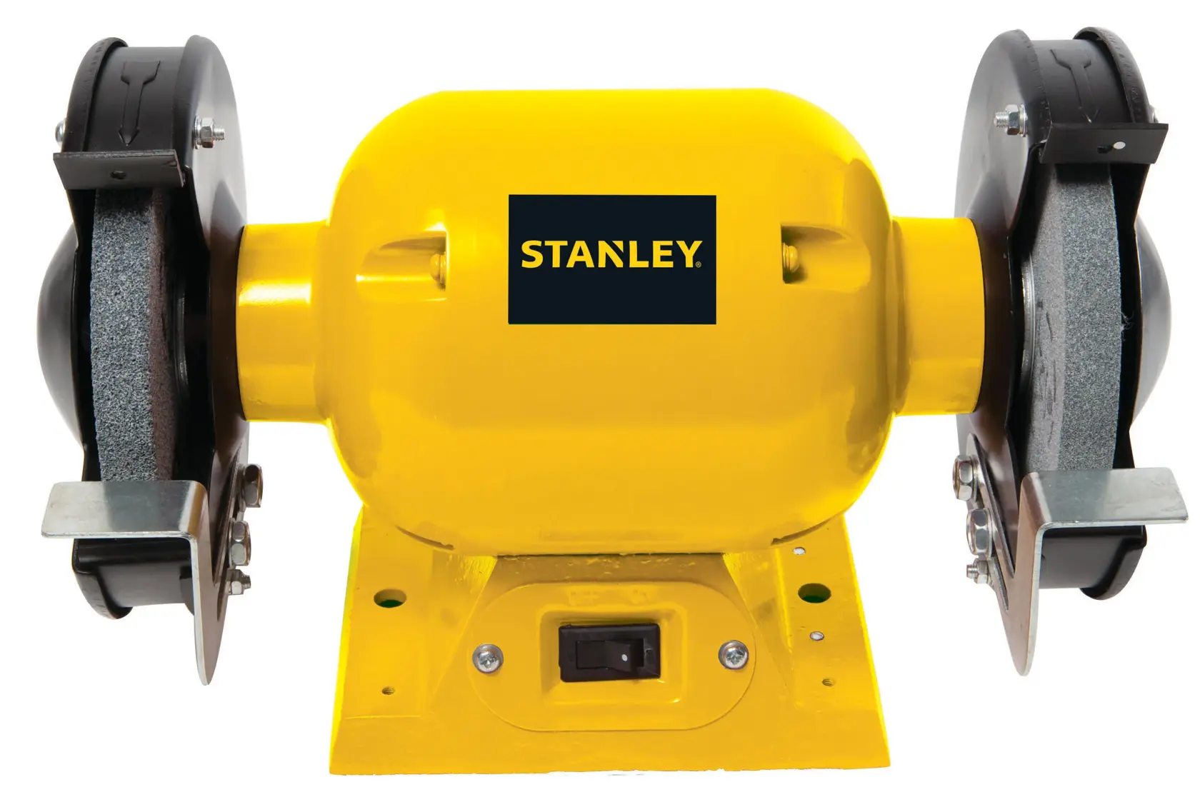STANLEY STGB3715 esmeril de banco, amarillo y negro, vista frontal sobre fondo blanco.