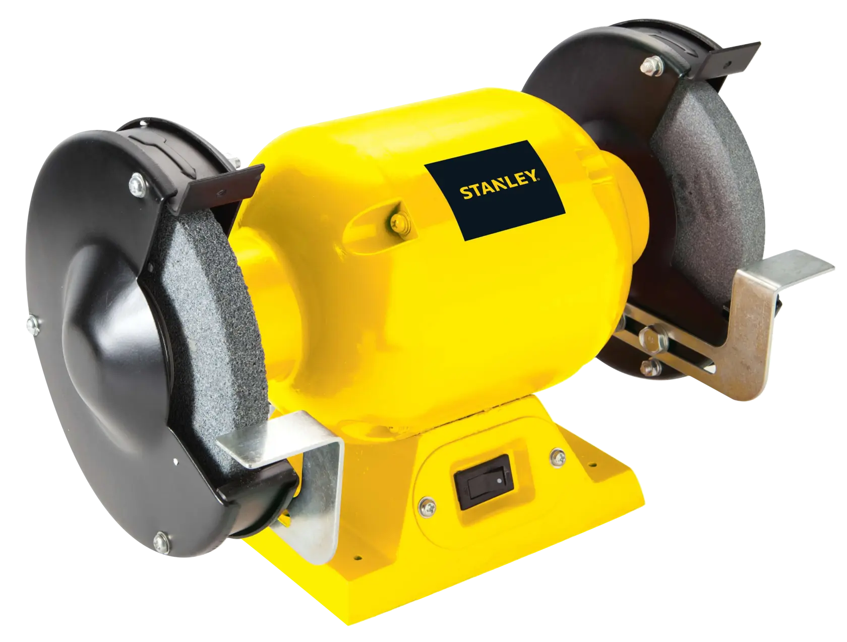 STANLEY STGB3715 esmeriladora de banco cuerpo amarillo, dos muelas abrasivas y protectores, vista frontal sobre fondo blanco.