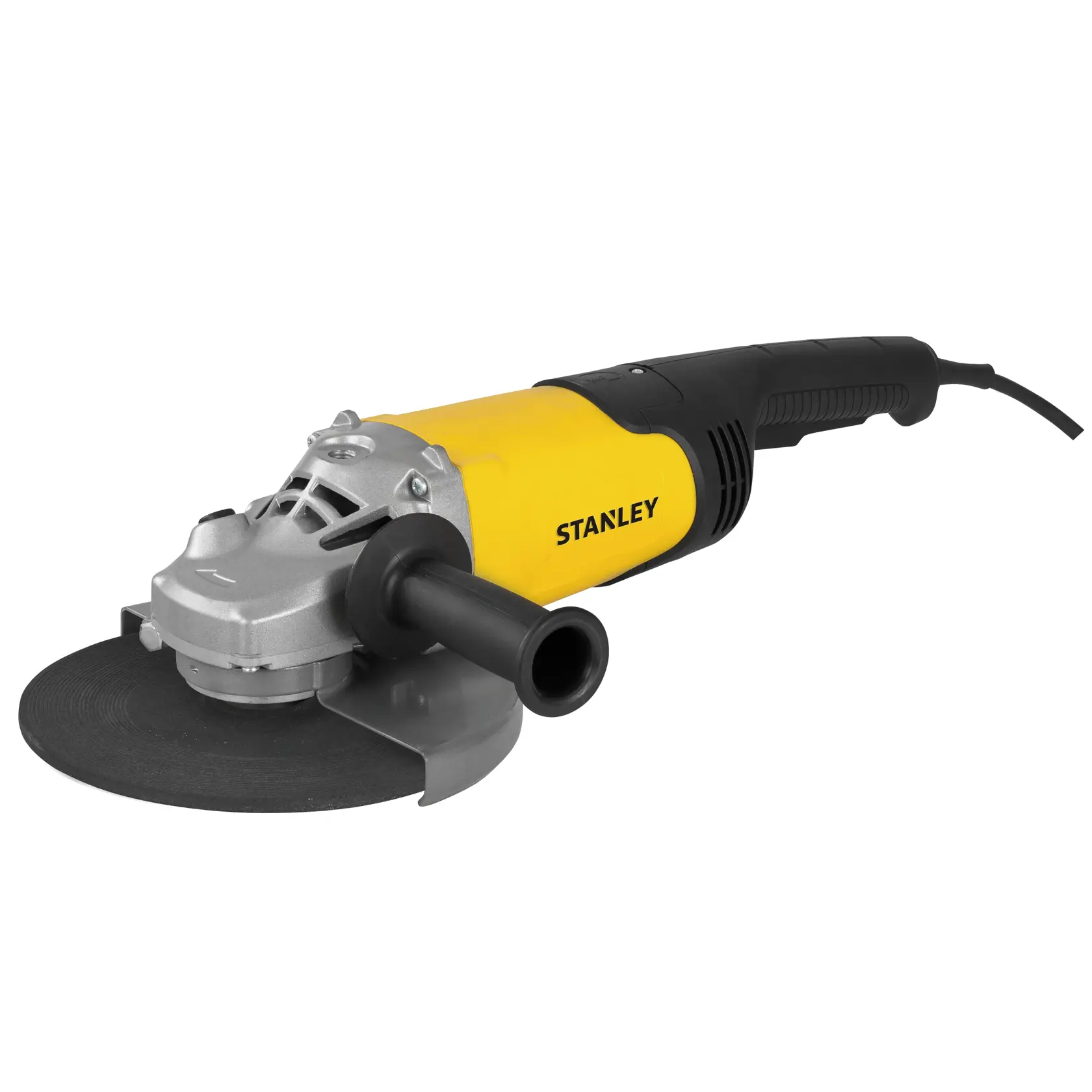 STANLEY STGL2223 amoladora angular vista frontal en ángulo, cuerpo amarillo y negro, mango lateral desmontable.
