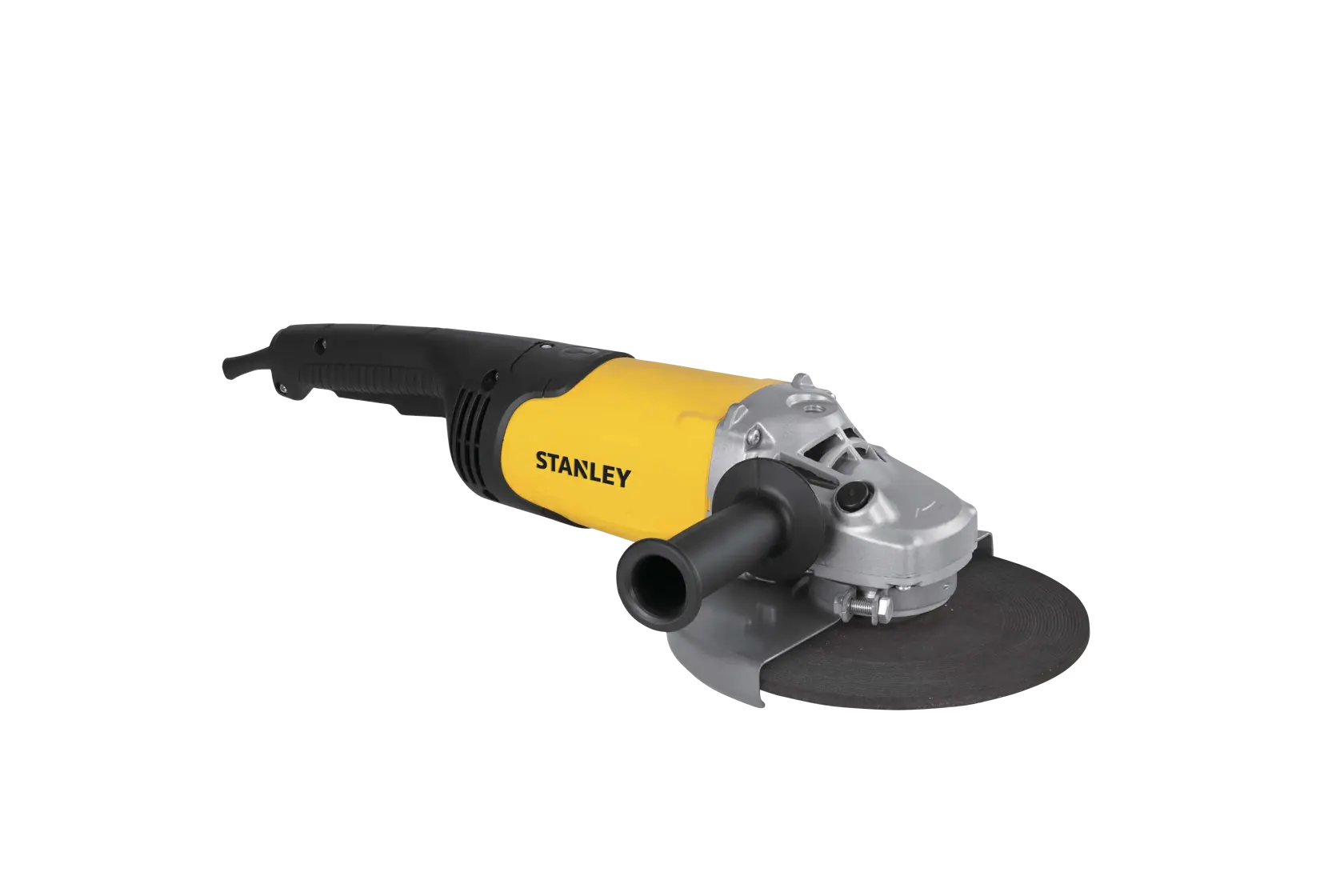 STANLEY STGL2223 amoladora angular amarilla y negra, ángulo frontal izquierdo, categoría herramienta eléctrica.