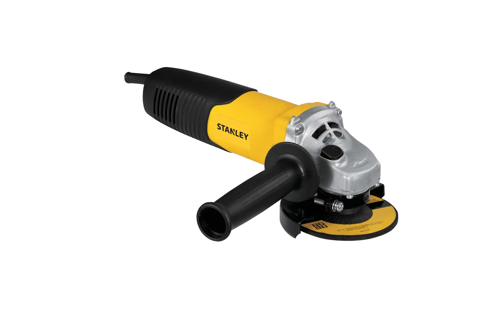 Stanley STGS8115 amoladora angular, cuerpo negro y amarillo, vista frontal, fotografía con fondo blanco.