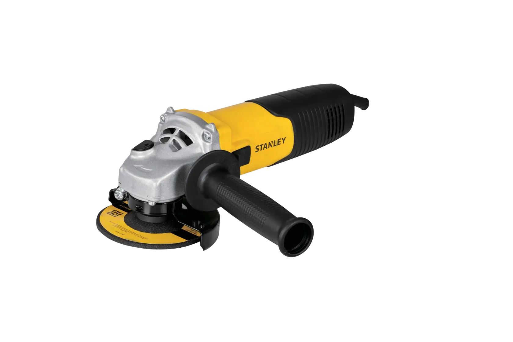 STANLEY STGS8115 amoladora angular, amarillo y negro, vista lateral, con mango y disco de abrasión.