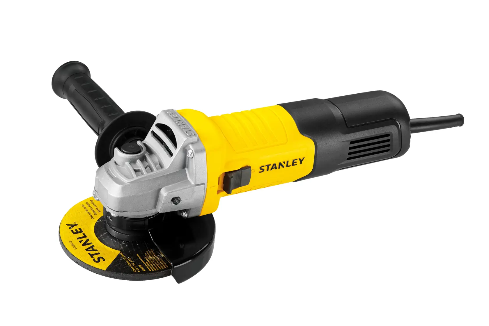 Fotografía de amoladora angular STANLEY stgs9115 con cuerpo amarillo y negro, mango lateral y disco visible, ángulo lateral.
