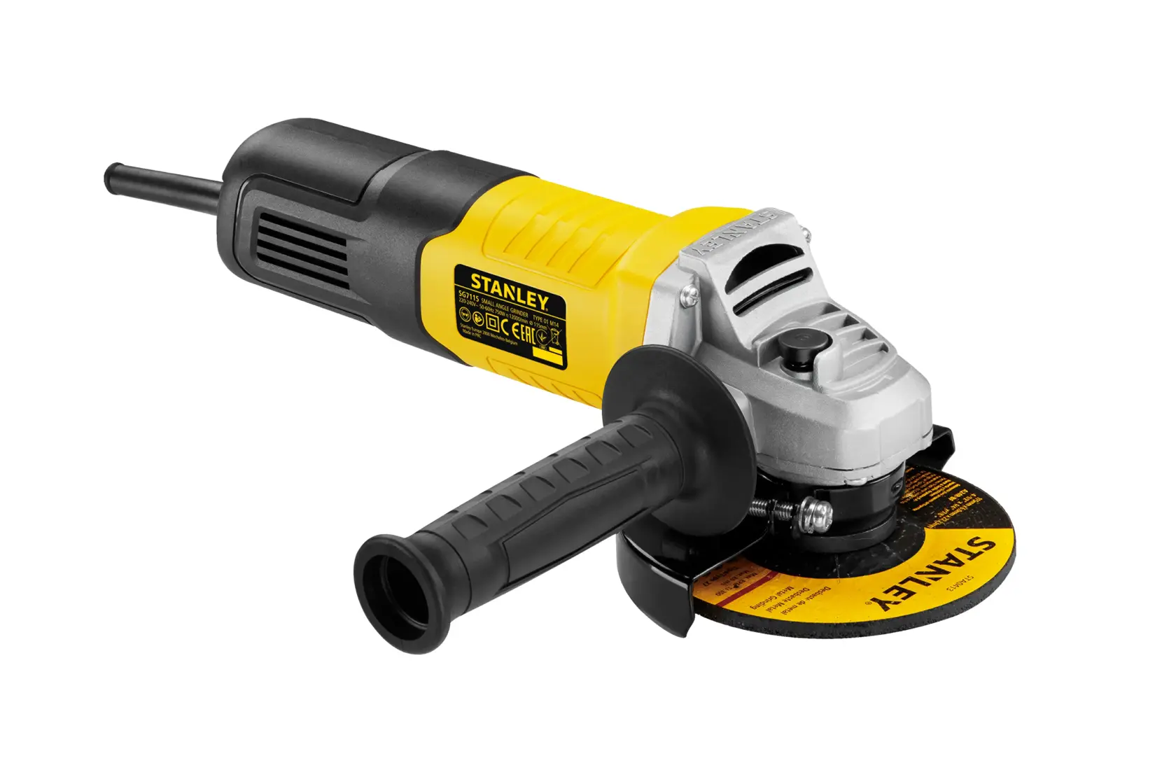 STANLEY stgs9115 amoladora angular, cuerpo amarillo y negro, mango lateral, vista frontal sobre fondo blanco.