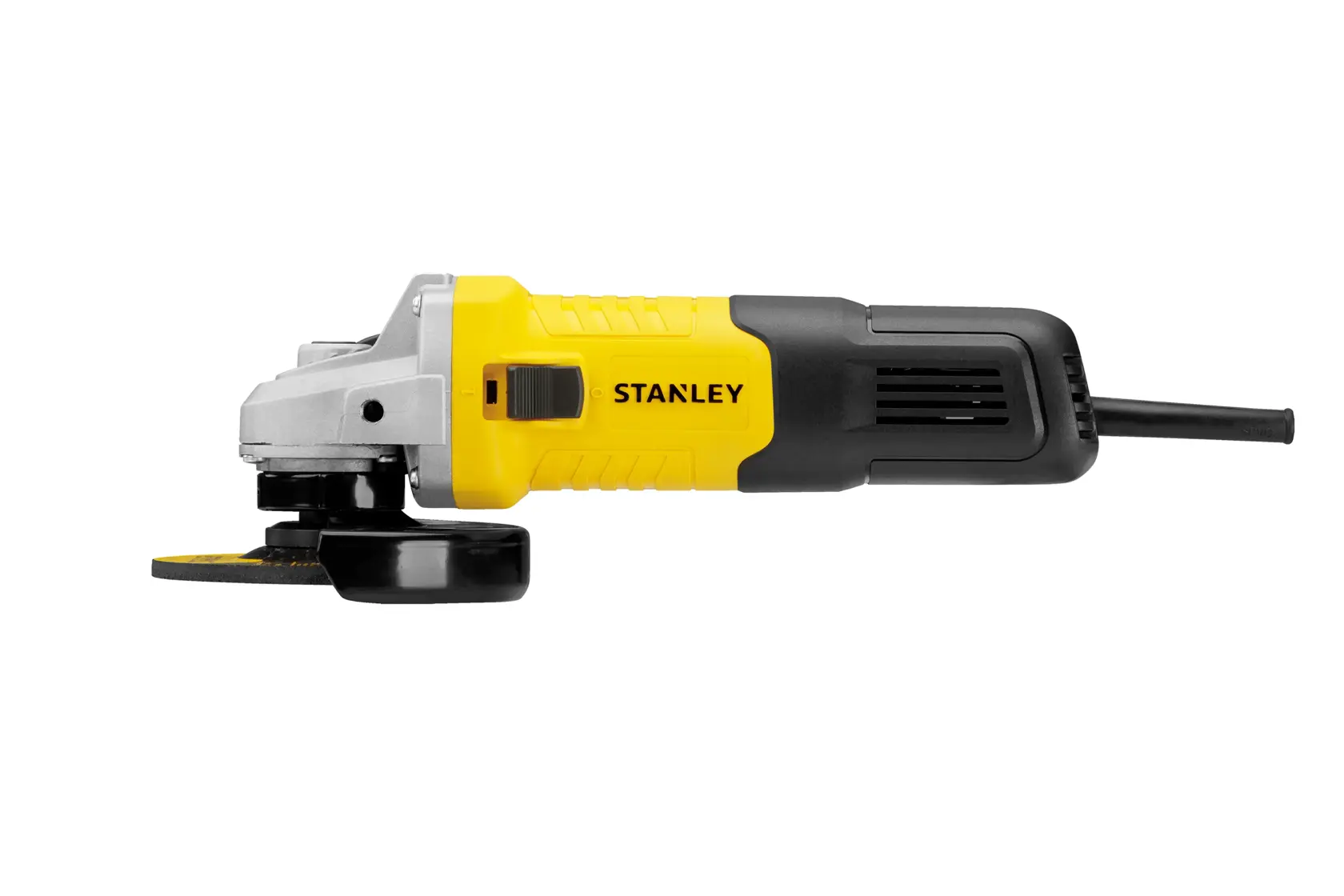 Fotografía de amoladora angular STANLEY stgs9115, amarillo y negro, vista lateral sobre fondo blanco, categoría herramienta eléctrica.