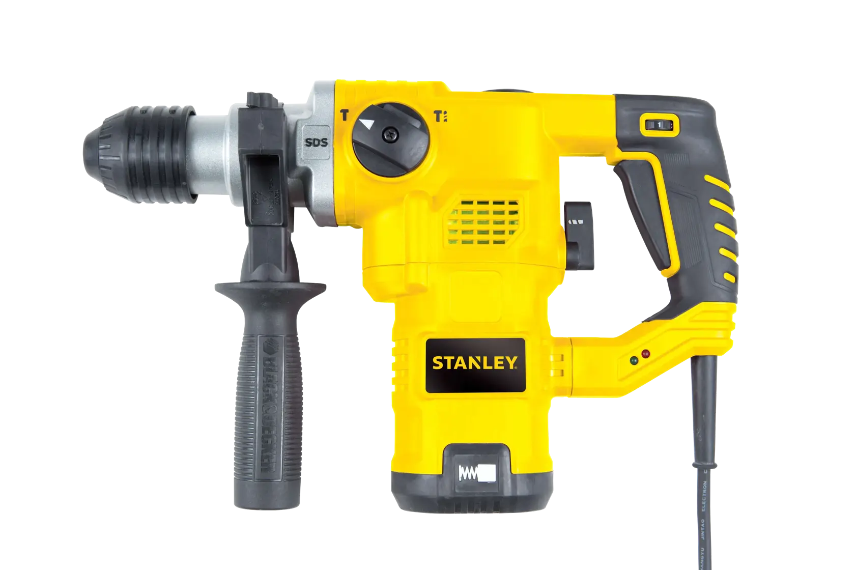Fotografía de taladro rotativo STANLEY STHR1232K, amarillo y negro, vista frontal, con mango lateral, sobre fondo blanco.