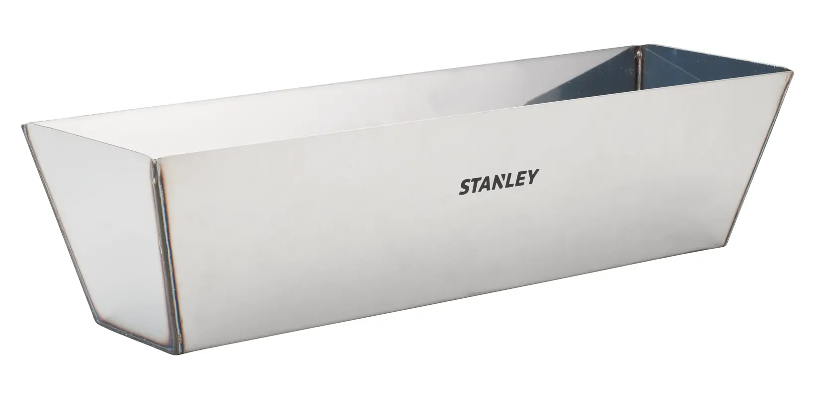 STANLEY STHT05867LA bandeja de metal para masilla, rectangular, plateada, vista lateral sobre fondo blanco.
