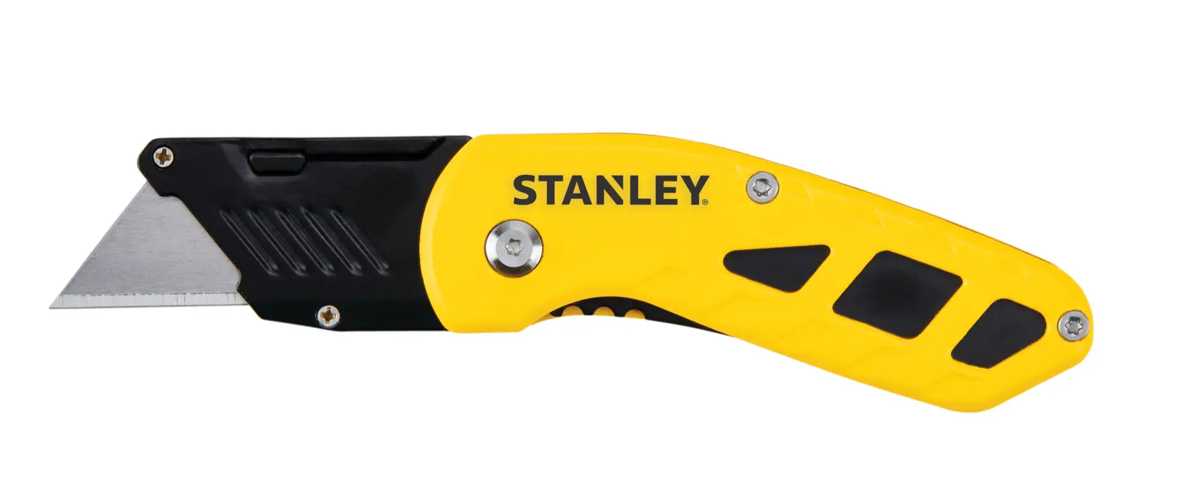 Cuchillo multiusos plegable Stanley vista lateral, mango amarillo y negro, hoja plateada expuesta, sobre fondo blanco.