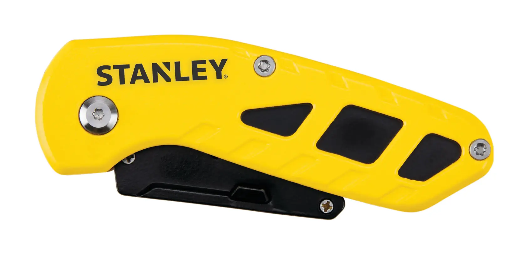 STANLEY STHT10424 cuchillo plegable utilitario, mango amarillo y negro, foto lateral sobre fondo blanco.