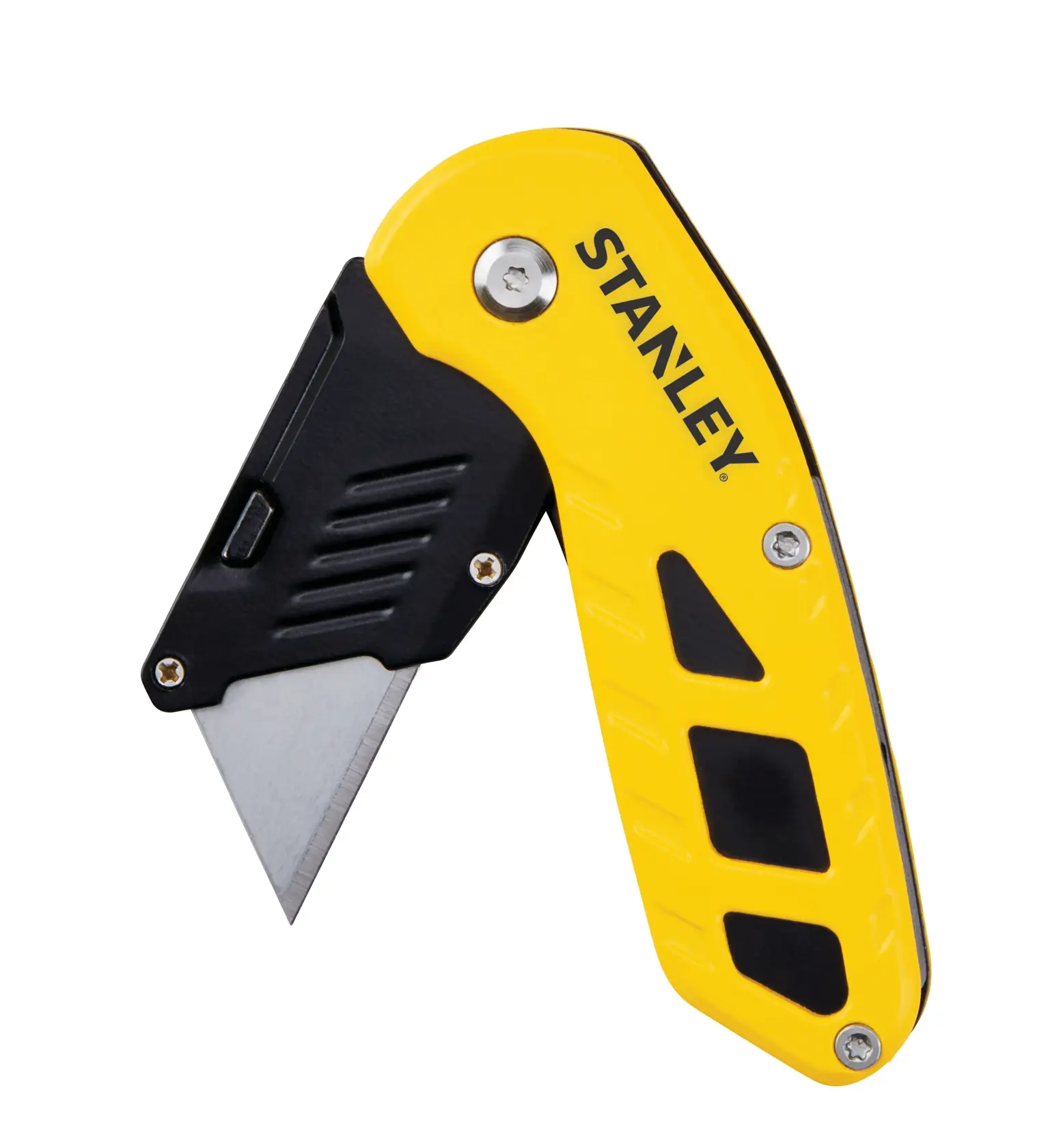 Cuchillo utilitario plegable Stanley, mango amarillo y negro, ángulo izquierdo, fondo blanco