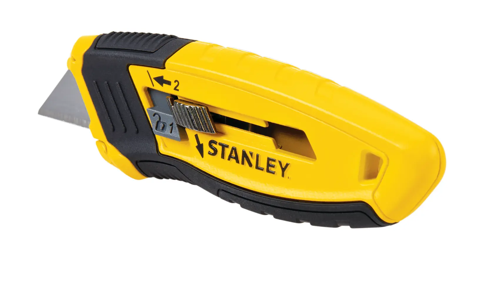 Cúter STANLEY amarillo y negro vista lateral, hoja retráctil, empuñadura texturizada, fondo blanco