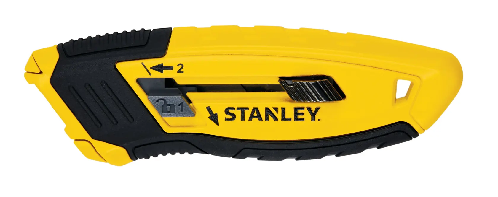 Cuchillo utilitario Stanley vista lateral, cuerpo amarillo y negro, hoja retráctil, fondo blanco.
