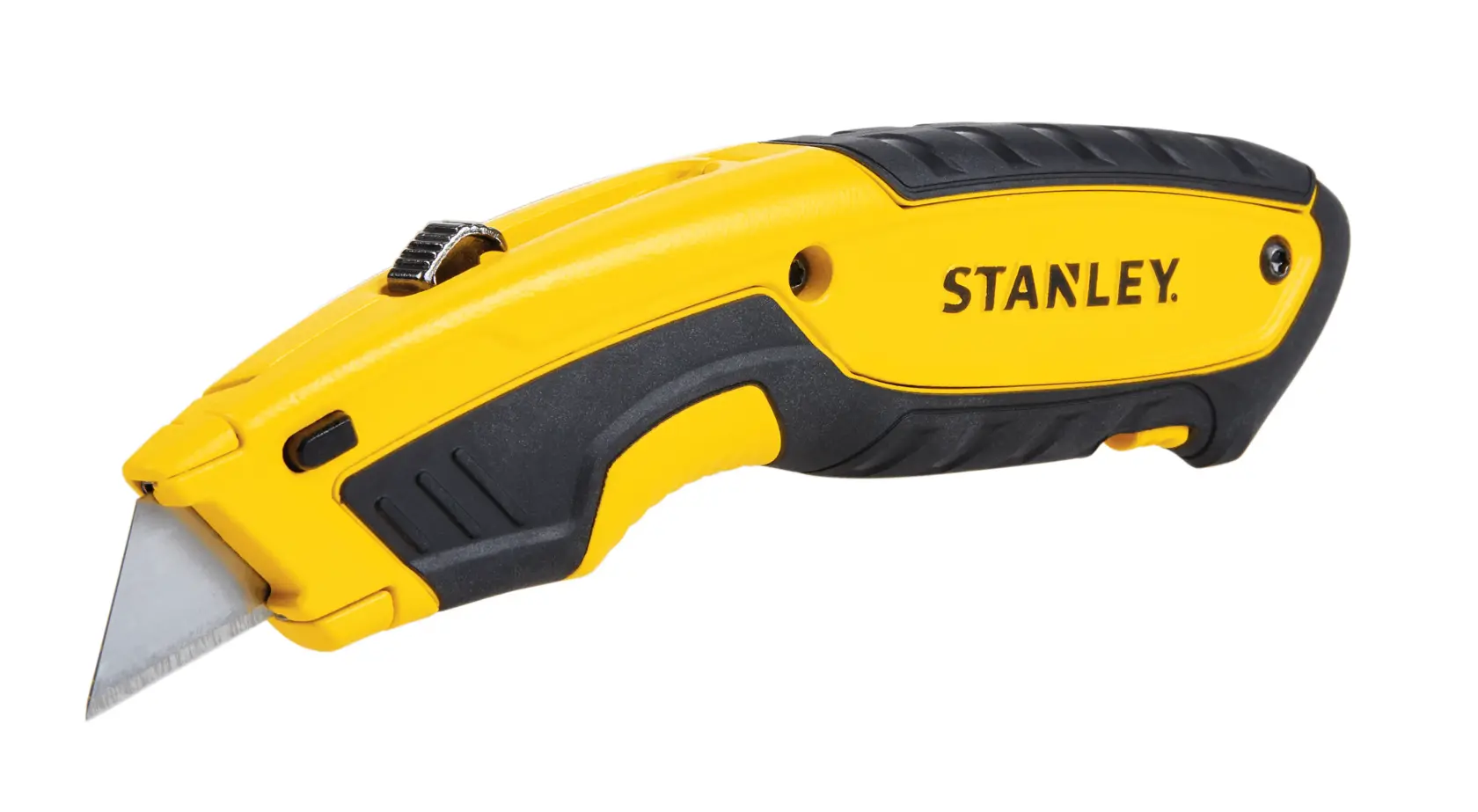 Stanley cuchillo utilitario amarillo y negro, ángulo lateral sobre fondo blanco