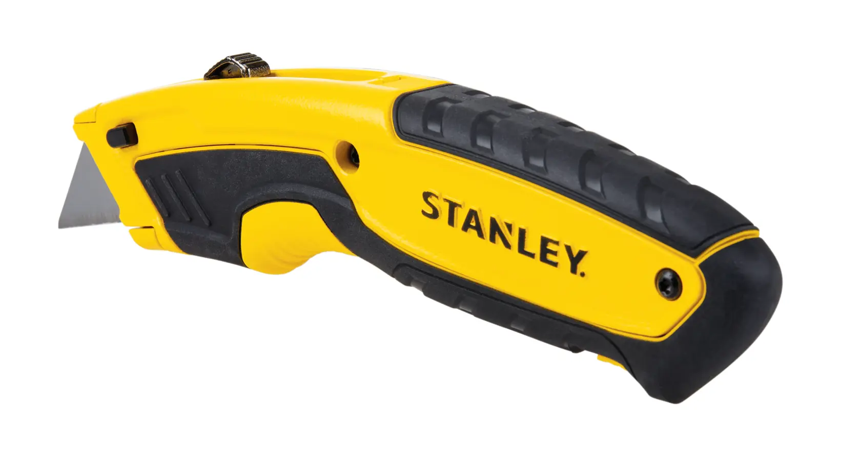 Cúter Stanley amarillo y negro en ángulo lateral sobre fondo blanco, mango ergonómico y hoja retráctil.