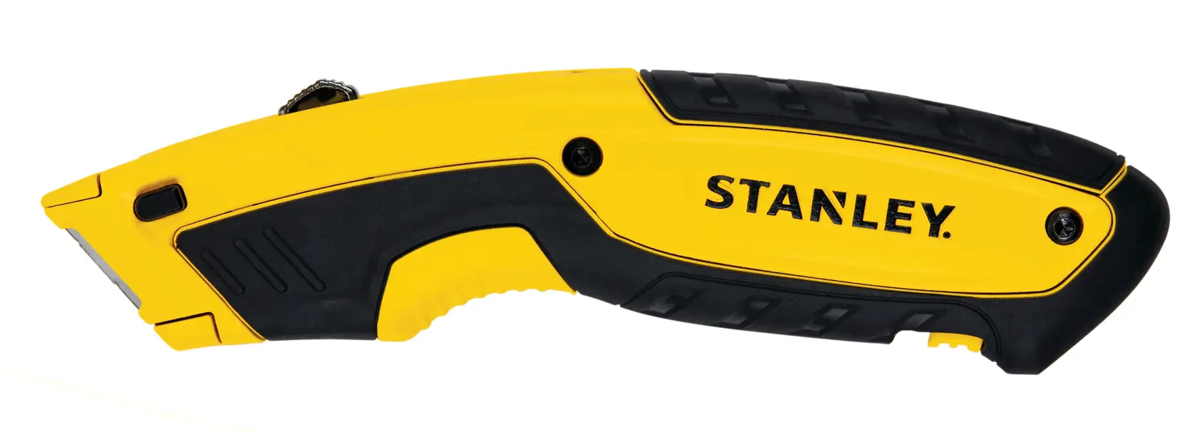 Cuchillo utilitario Stanley vista lateral, mango amarillo y negro, hoja expuesta, fondo blanco