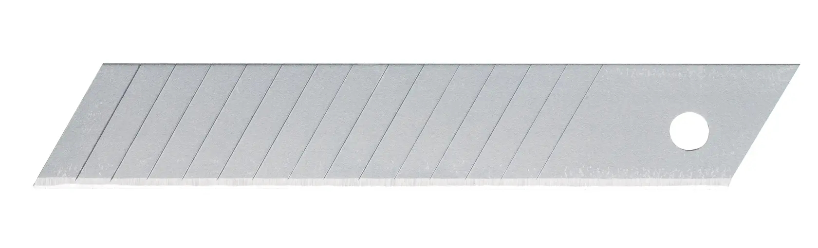 Cuchilla de repuesto STANLEY STHT11147 para cuchillo de uso general, plateada, vista lateral, líneas de segmento y orificio.