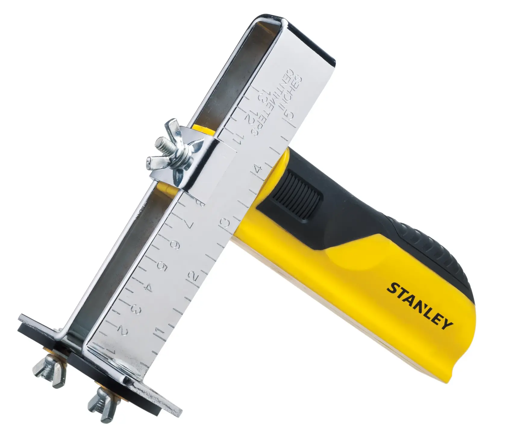 STANLEY STHT16069LA herramienta de gramil con mango negro y amarillo, vista superior sobre fondo blanco.