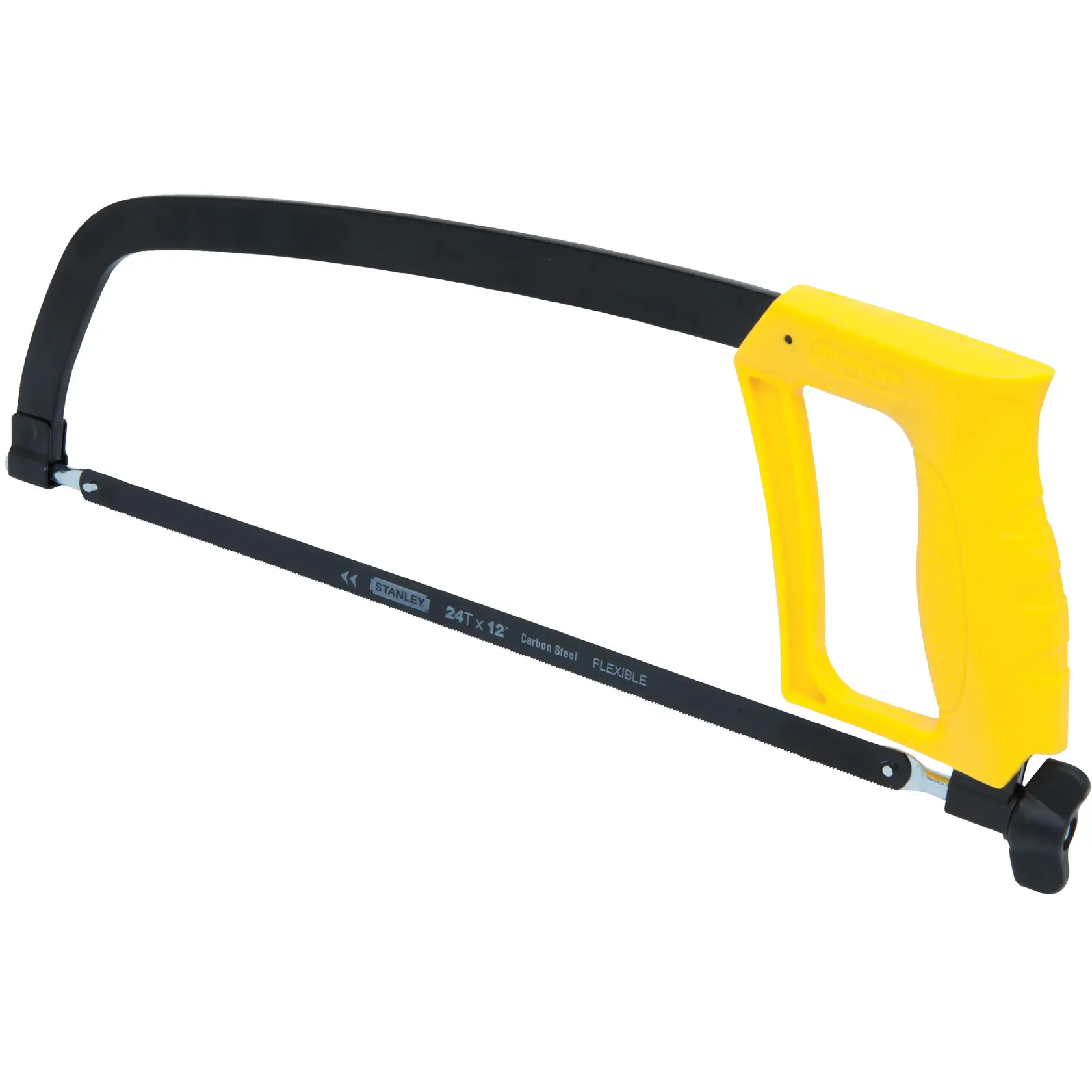 Sierra para metal Stanley con marco de metal negro y mango ergonómico amarillo, ángulo lateral sobre fondo blanco