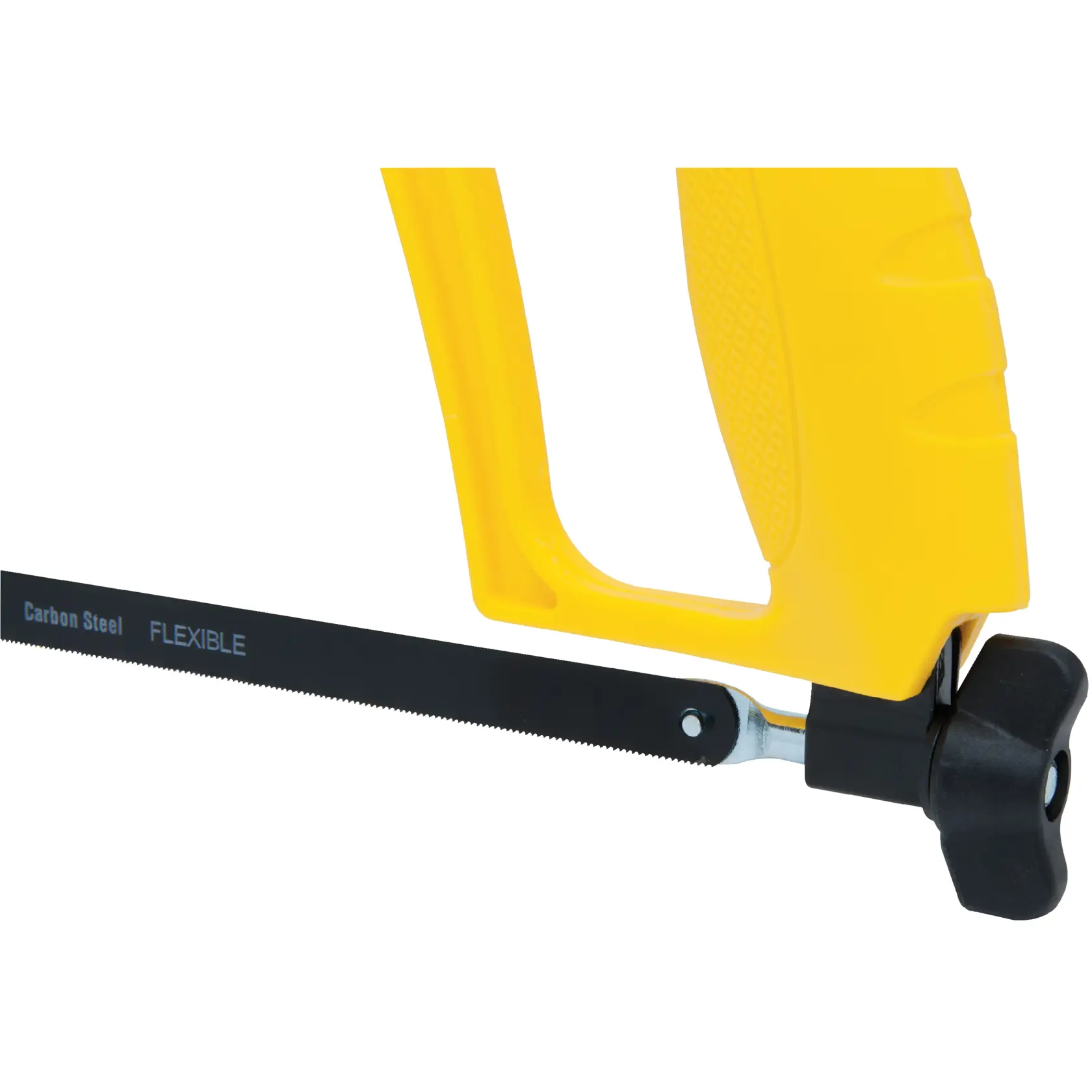 Stanley sierra para metales ángulo lateral, mango ergonómico amarillo con hoja flexible de acero al carbono sobre fondo blanco