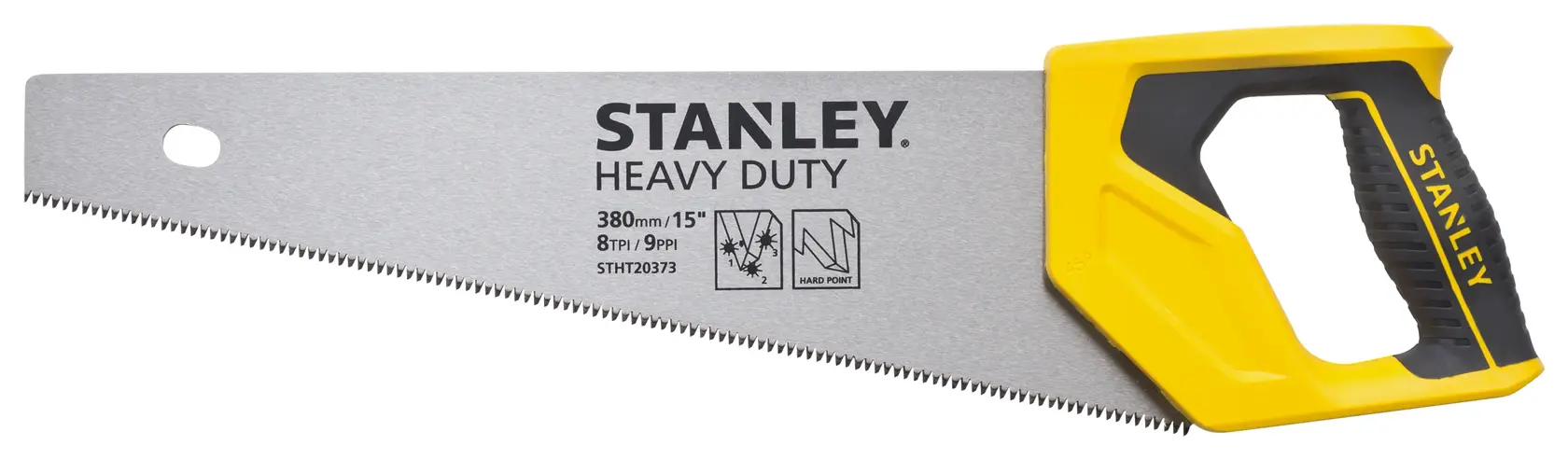 STANLEY STHT20373-LA sierra manual con mango ergonómico amarillo y negro, hoja plateada, vista lateral, fondo blanco.