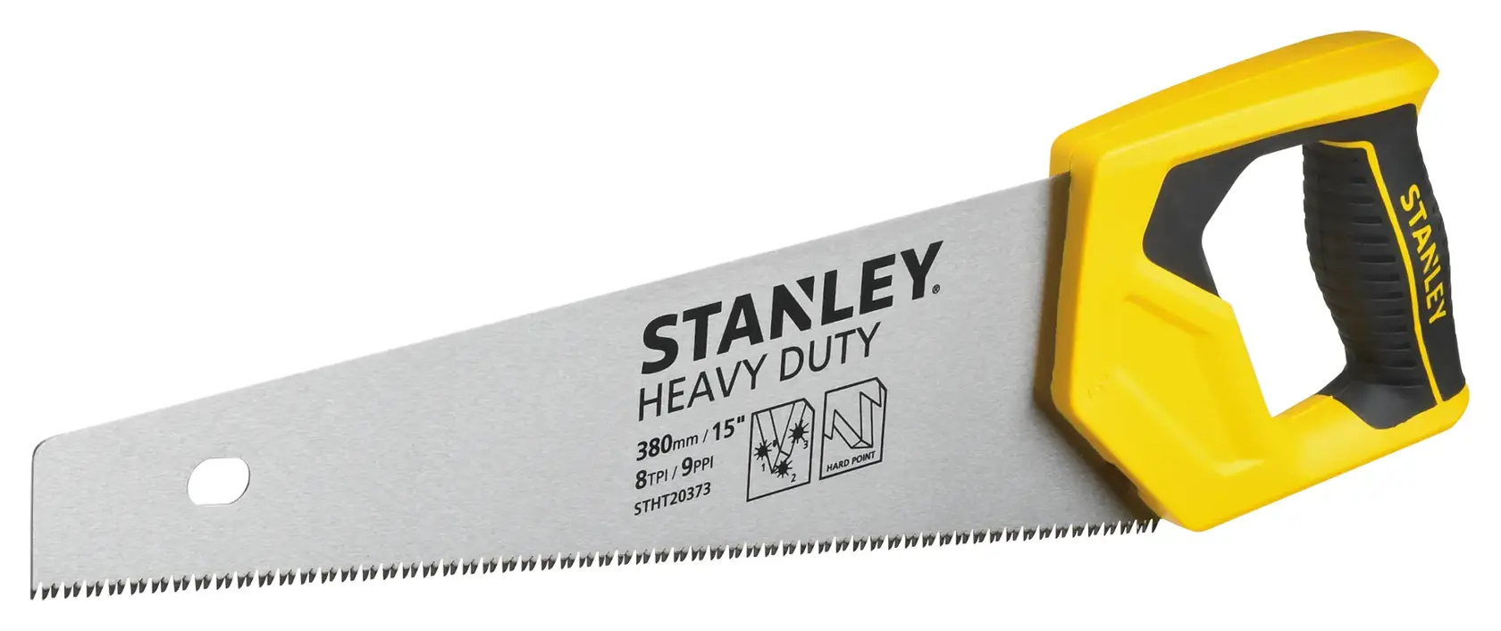 Serrucho STANLEY STHT20373-LA con mango amarillo y negro, heavy duty, vista en ángulo sobre fondo blanco.