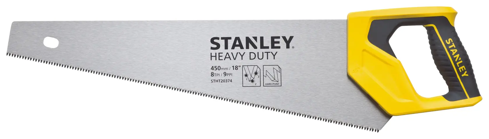 STANLEY STHT20374-LA sierra manual, uso pesado, hoja de 18 pulgadas con mango amarillo y negro, vista lateral sobre fondo blanco.