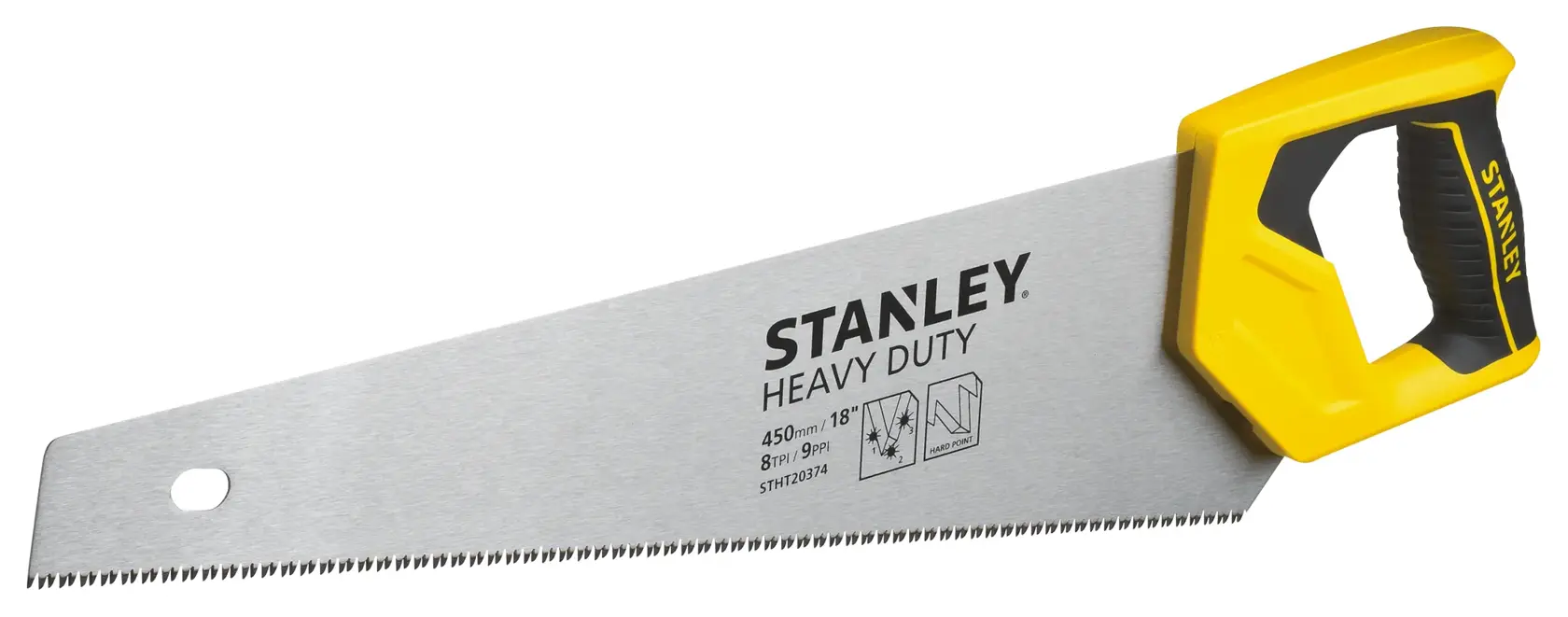 Fotografía de sierra manual STANLEY STHT20374-LA con mango ergonómico amarillo y negro y hoja de acero resistente, vista lateral.