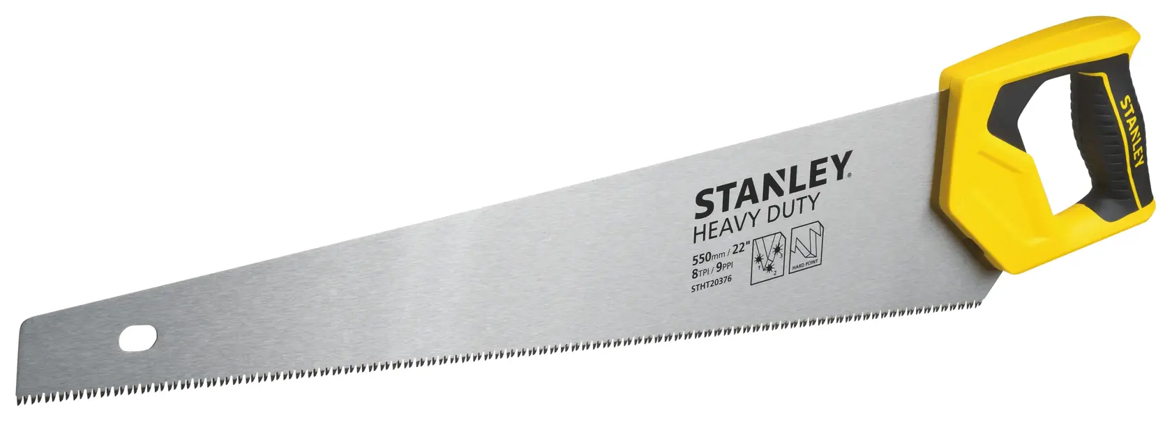 Sierra manual STANLEY STHT20376-LA con mango ergonómico amarillo y negro, vista lateral sobre fondo blanco.