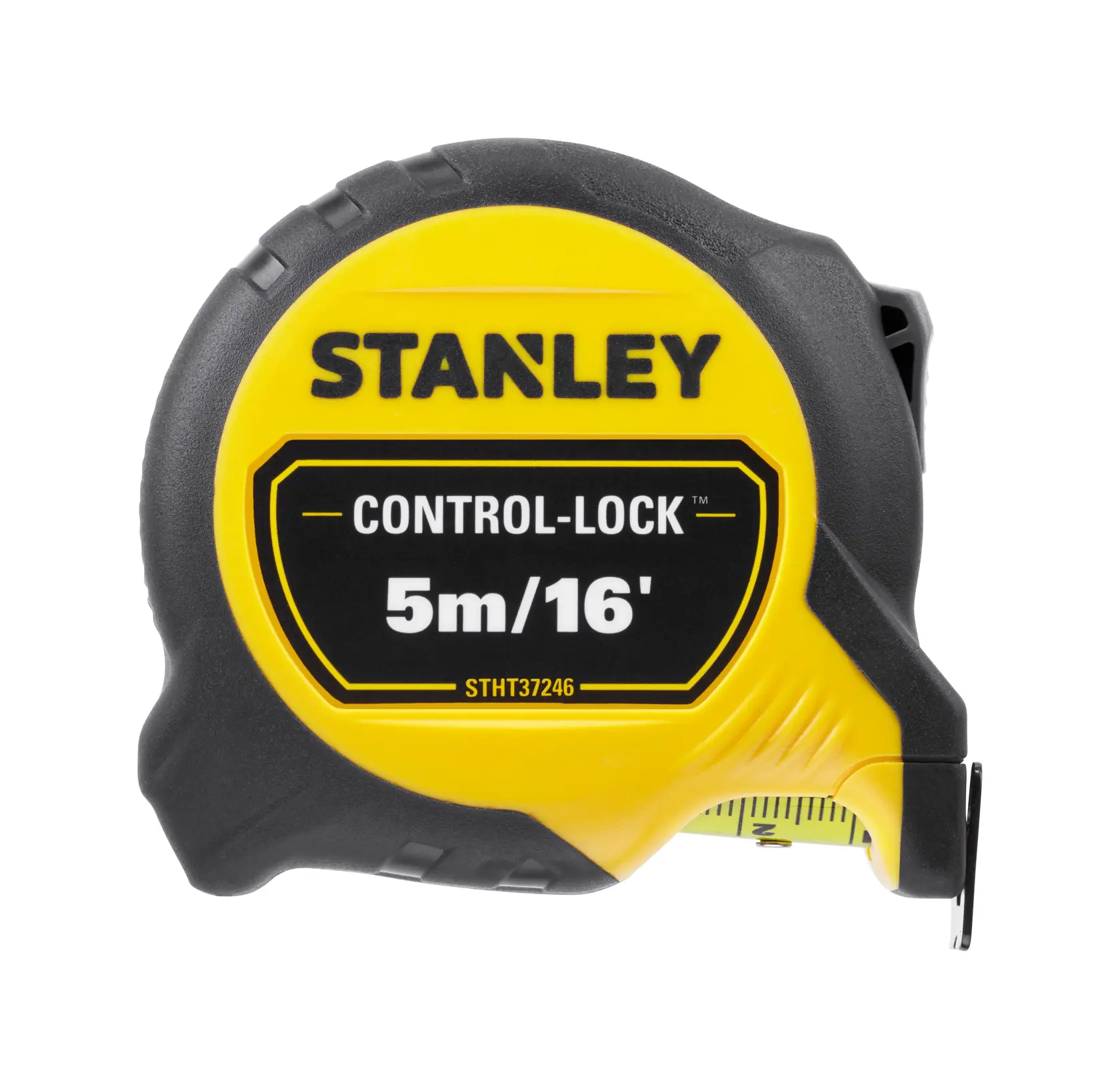 Fotografía del STANLEY STHT37246-0 cinta métrica Control-Lock 5m/16', amarilla y negra, ángulo frontal, fondo blanco.