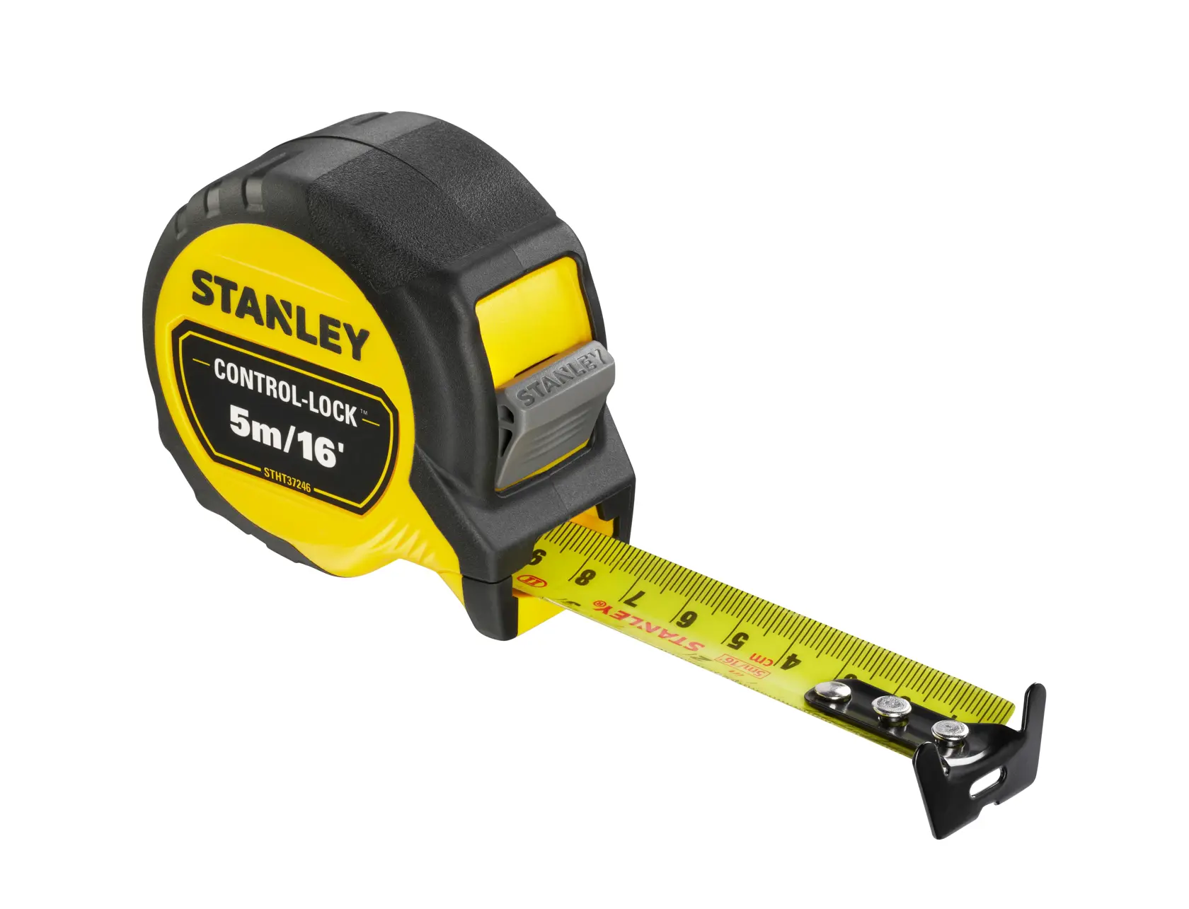 STANLEY STHT37246-0 cinta métrica, negra y amarilla, 5m/16ft, vista lateral con cinta extendida sobre fondo blanco.