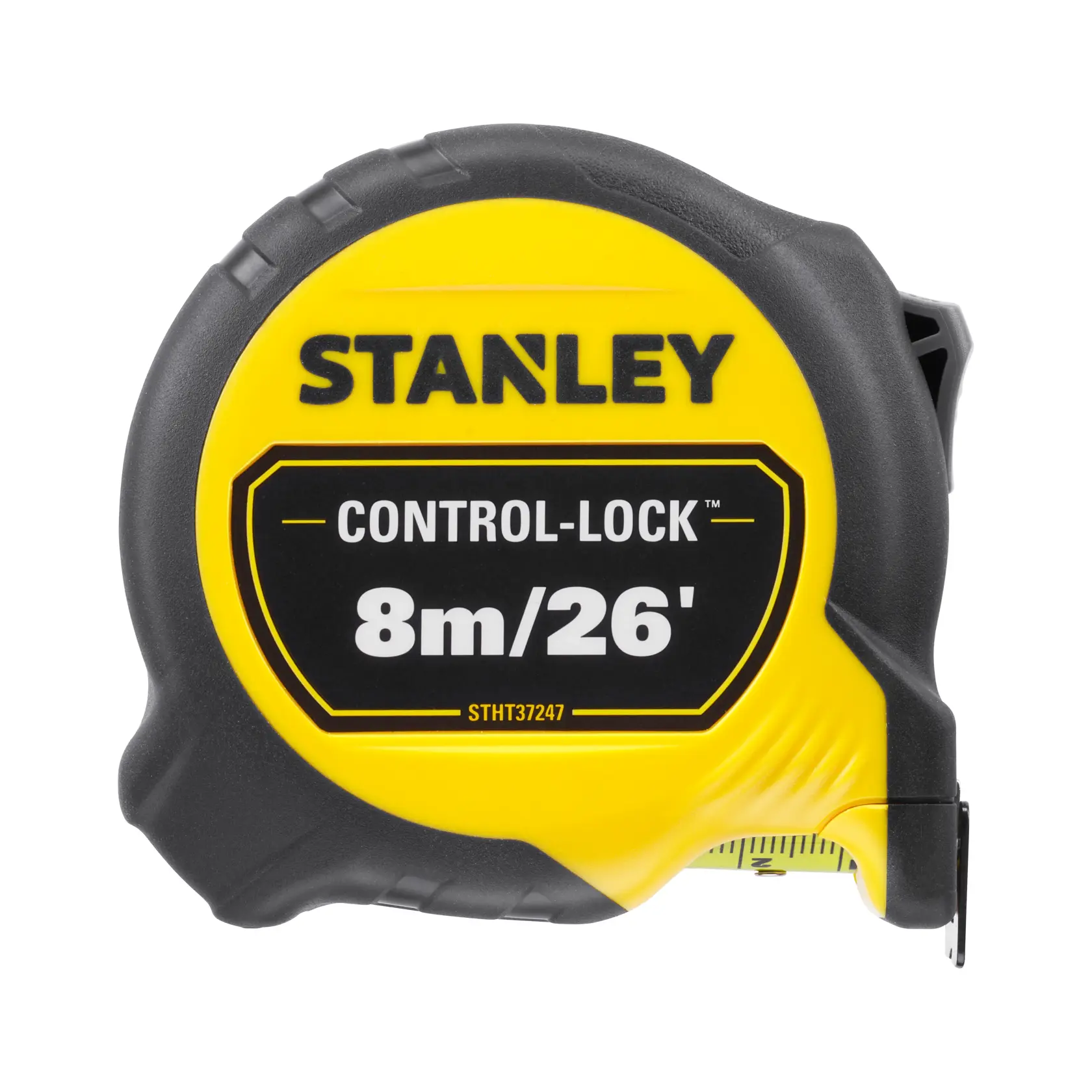 Foto de la cinta métrica STANLEY STHT37247-0, amarilla y negra, muestra Control-Lock, 8m/26', ángulo frontal.