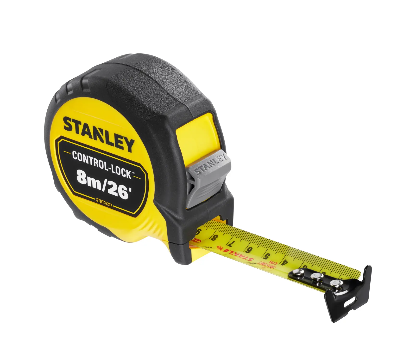 Stanley STHT37247-0 cinta métrica, amarilla y negra, 8m/26ft, vista en ángulo, fondo blanco.