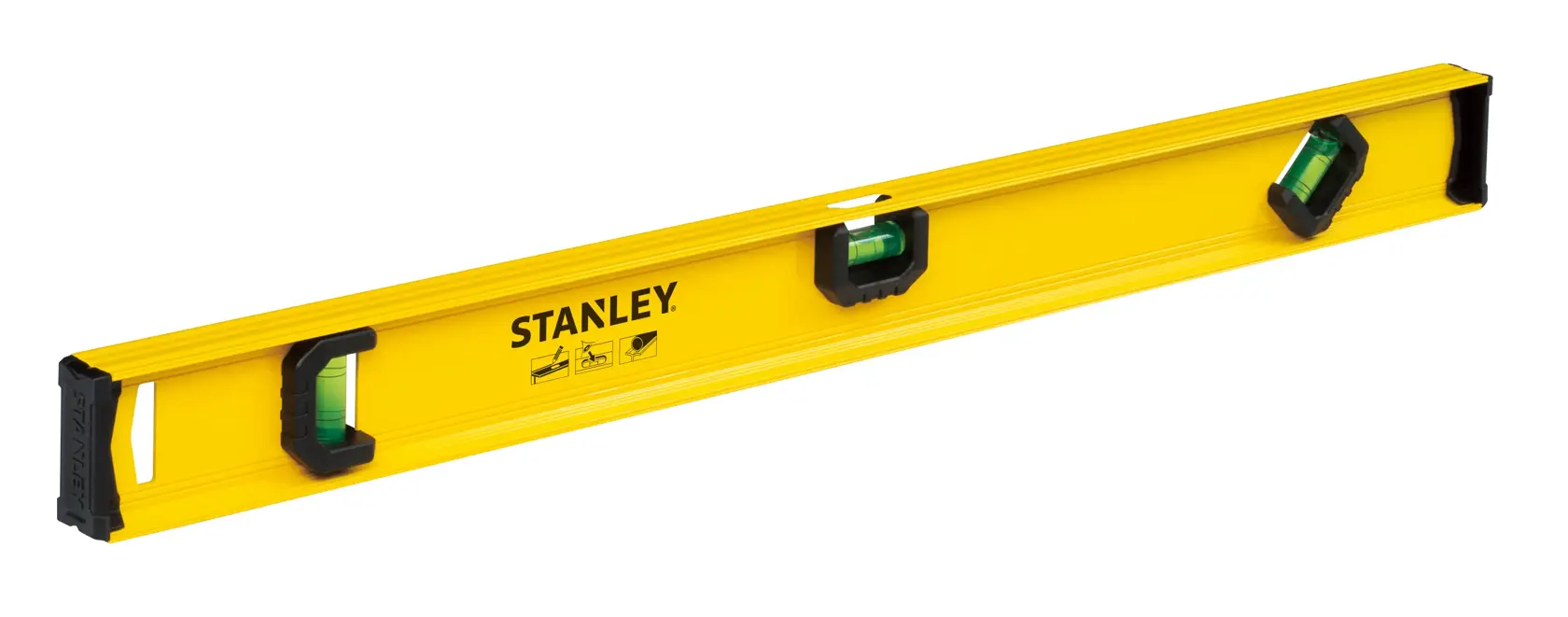 Nivel de caja amarillo STANLEY STHT42074-LA con tres burbujas verdes, ángulo lateral sobre fondo blanco.