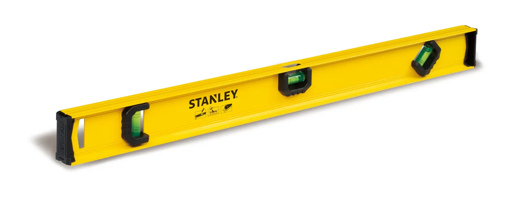 Fotografía de nivel de burbuja amarillo STANLEY STHT42074-LA con tres burbujas, vista en ángulo sobre fondo blanco.