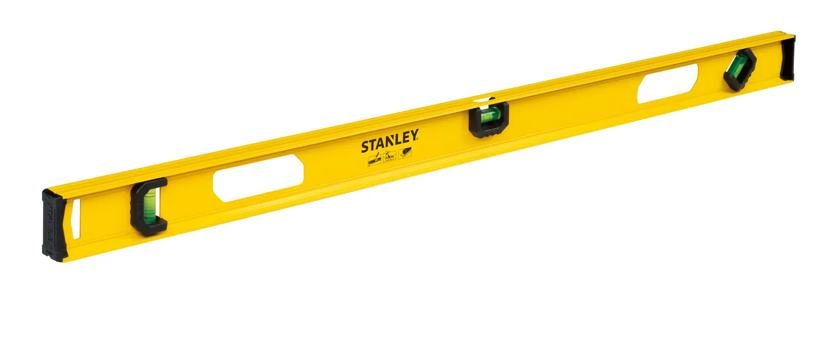 STANLEY STHT42075-LA nivel de burbuja amarillo con tres frascos, vista horizontal, fotografía de producto.