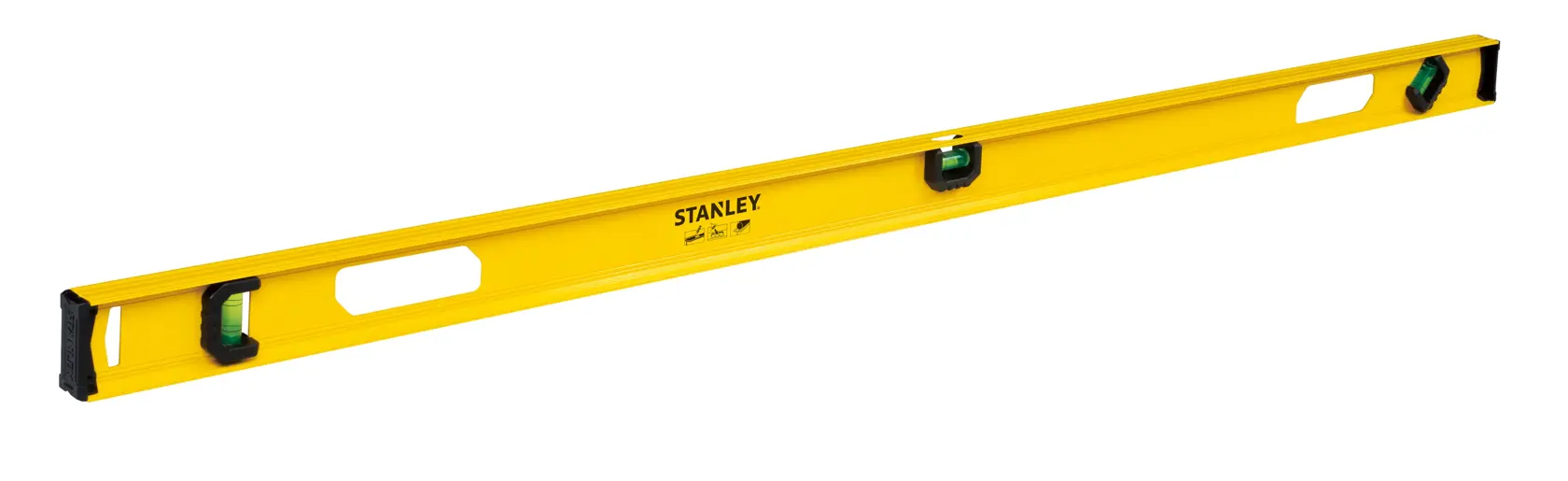 STANLEY STHT42076-LA nivel de caja amarillo con tres burbujas, ángulo lateral, fotografía sobre fondo blanco.