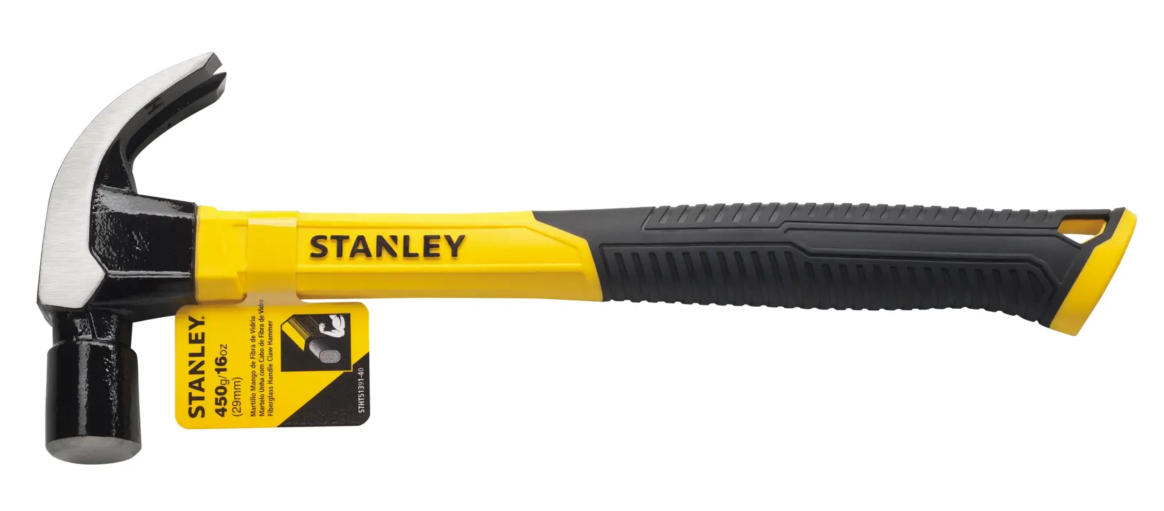Martillo de uña STANLEY STHT51391-40 con mango amarillo y negro, vista lateral derecha, fondo blanco.