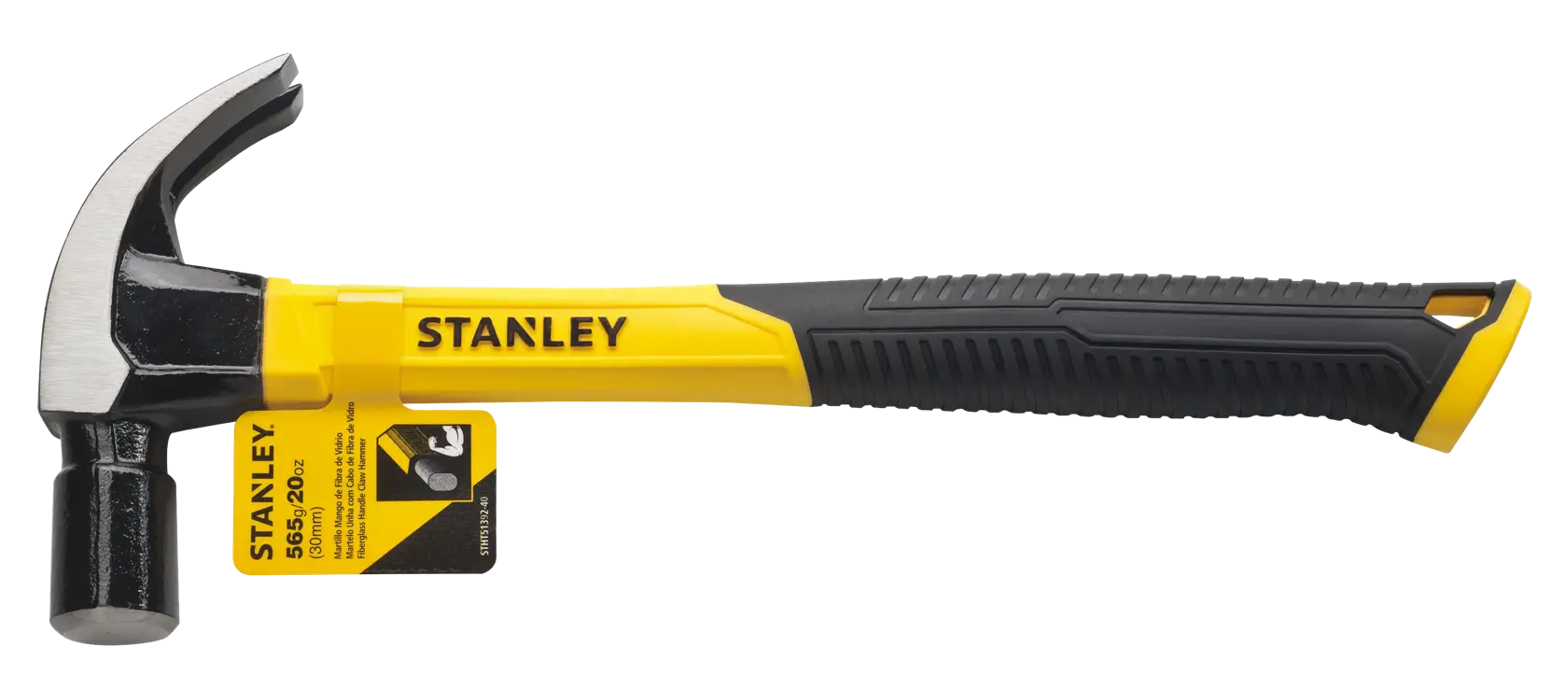 Fotografía del martillo de garra STANLEY STHT51392-40 con mango amarillo y negro, vista lateral sobre fondo blanco.