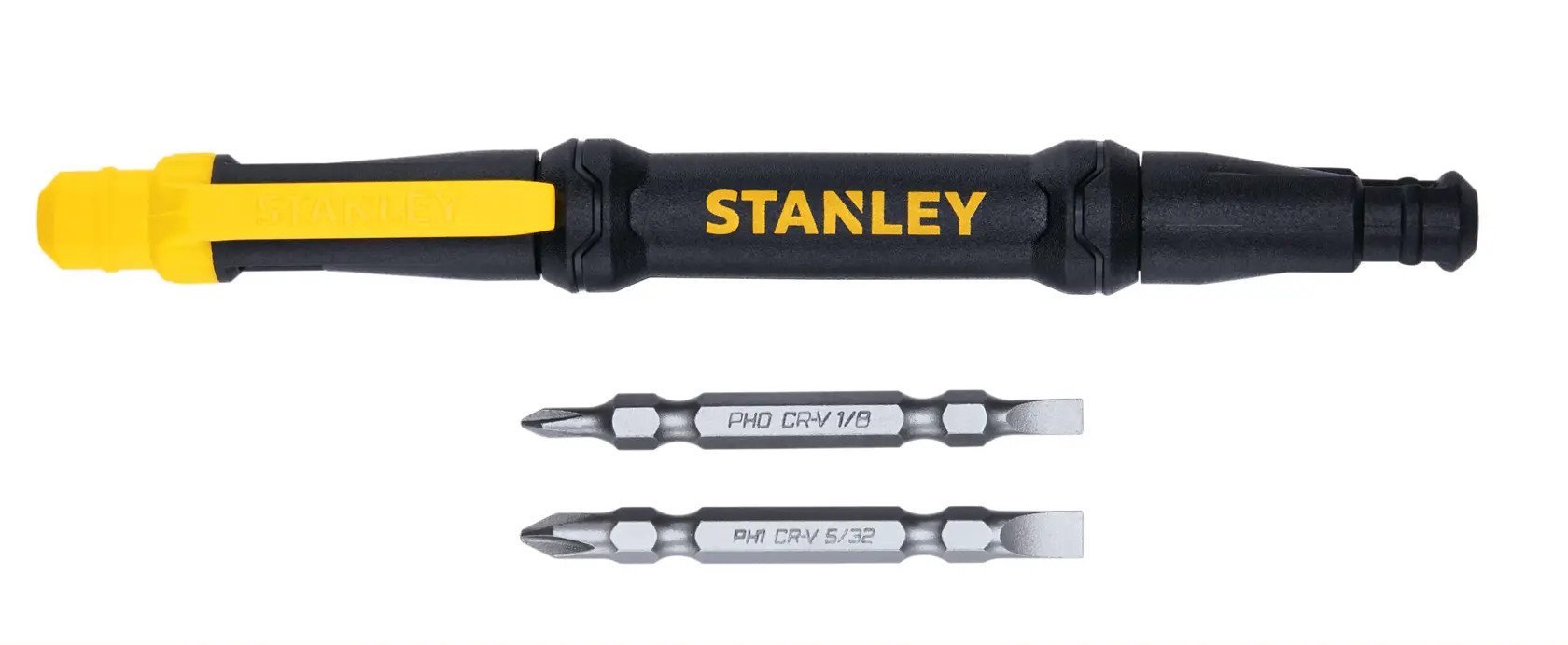 Destornillador multibits Stanley con mango negro y amarillo y dos puntas de destornillador dobles, ángulo frontal