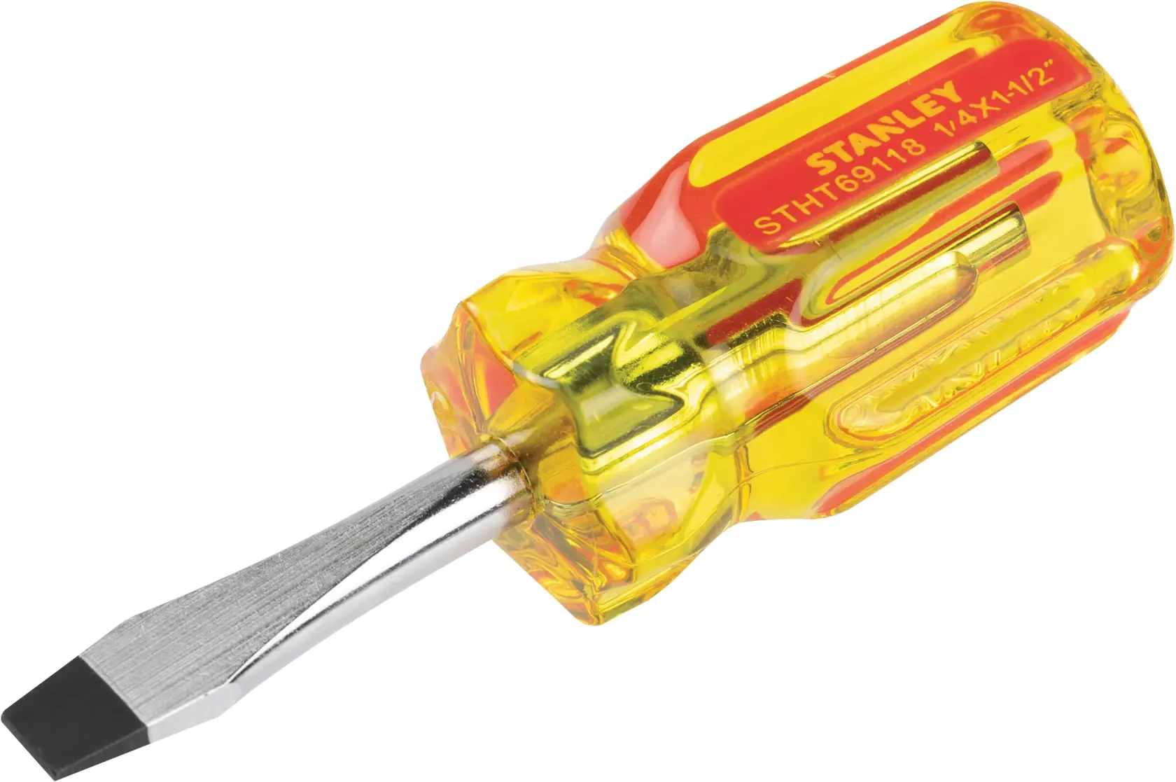 STANLEY STHT69118 destornillador plano, mango amarillo y rojo, vista del producto sobre fondo blanco.