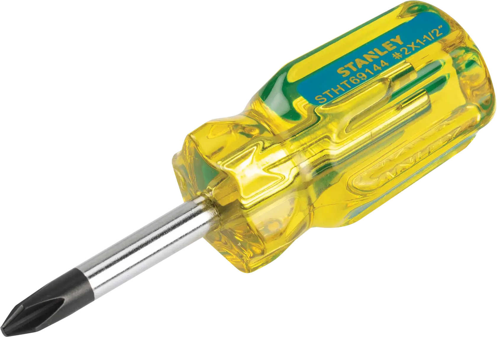 Stanley STHT69144 destornillador Phillips con mango transparente amarillo, fotografía de producto, en ángulo sobre fondo blanco.