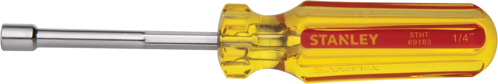 STANLEY STHT69183 destornillador de tuercas de 1/4 pulgada con mango amarillo y rojo, vista lateral, fondo blanco.